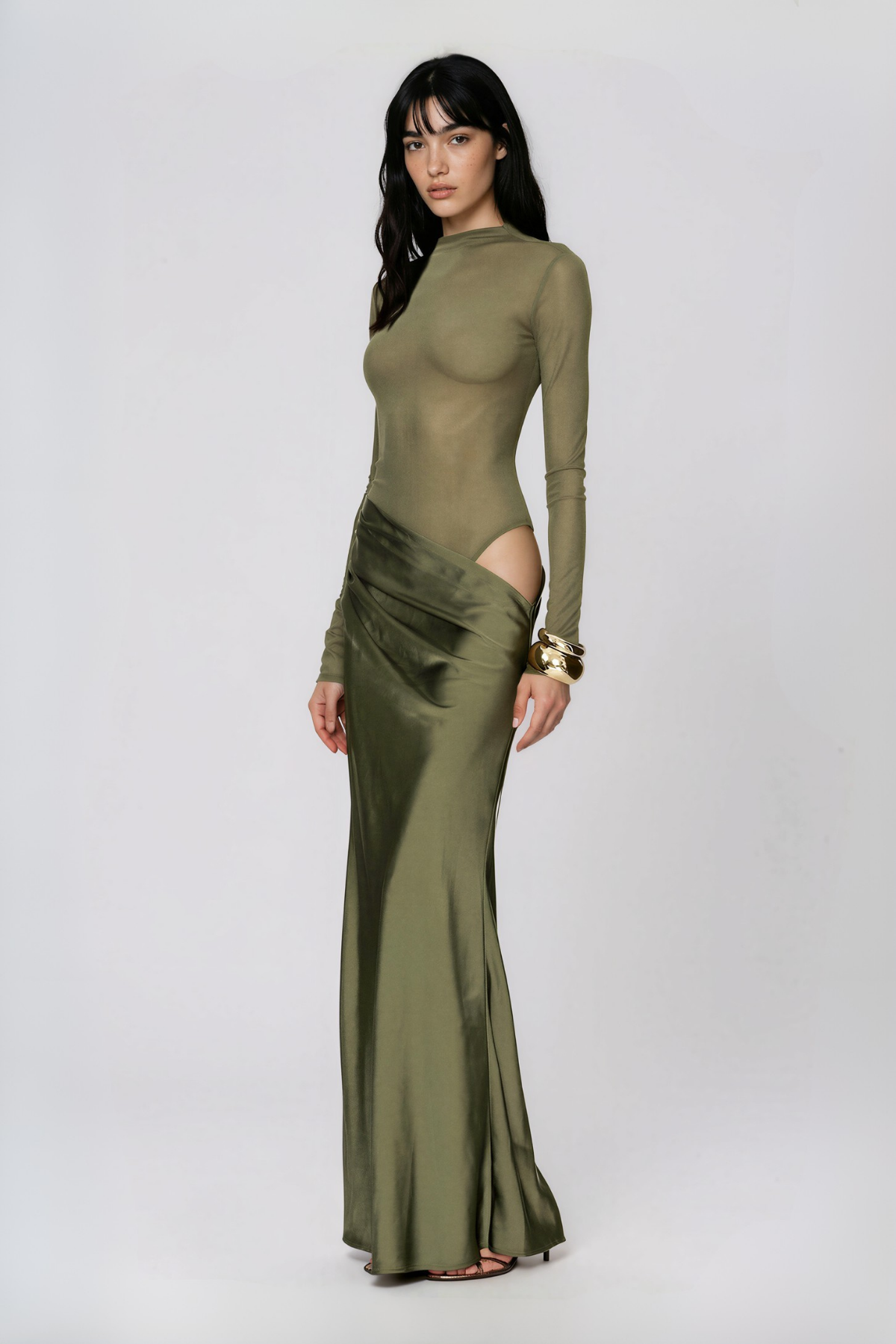 Nakia High Neck Mesh Satin Maxi Dress
