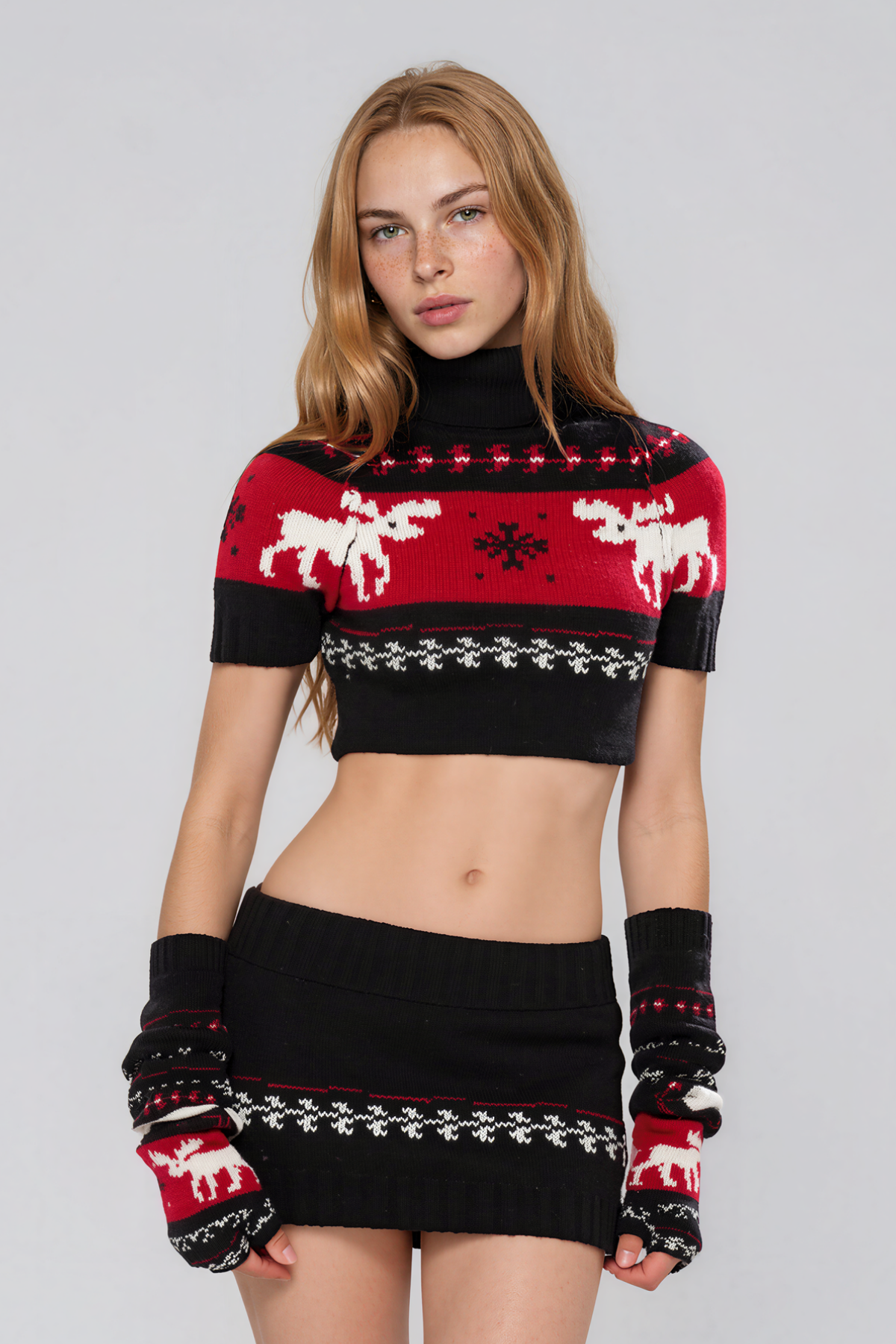 Nakoma Crop Knit Skirt Set In Red
