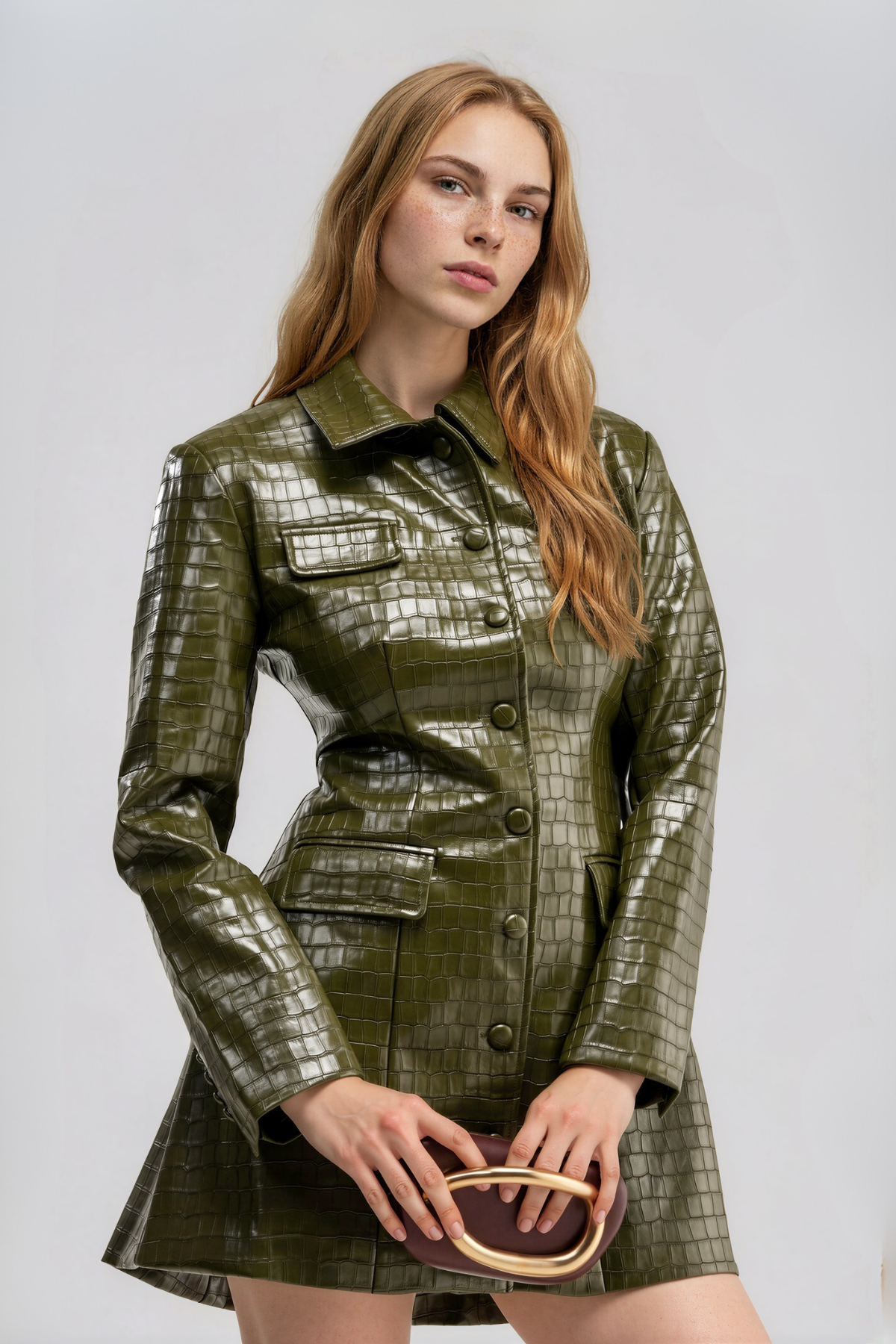 Nalo Lapel Leather Mini Dress In Green