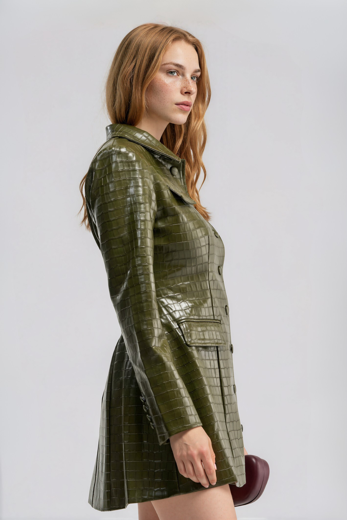 Nalo Lapel Leather Mini Dress In Green