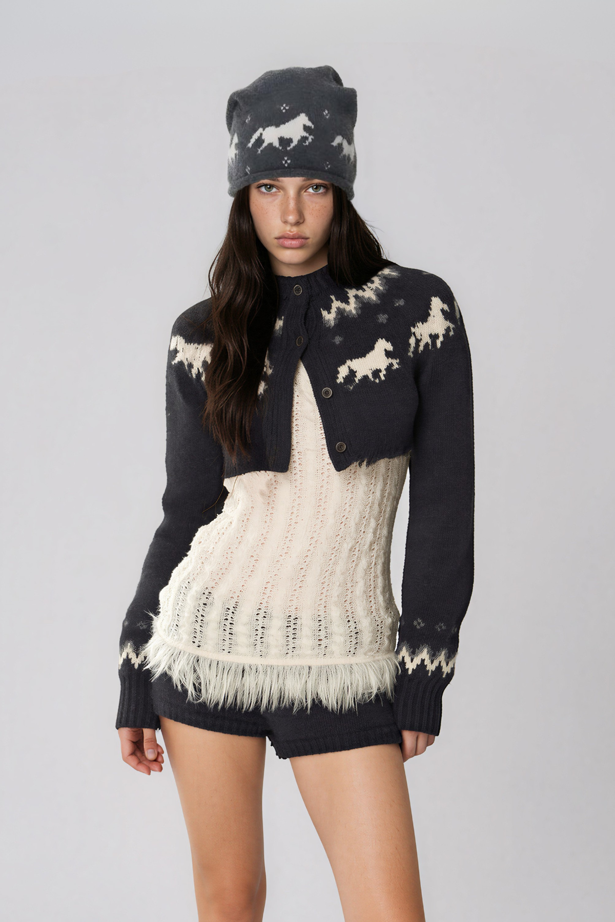 Nalu Crop Knit Shorts Set In Grey