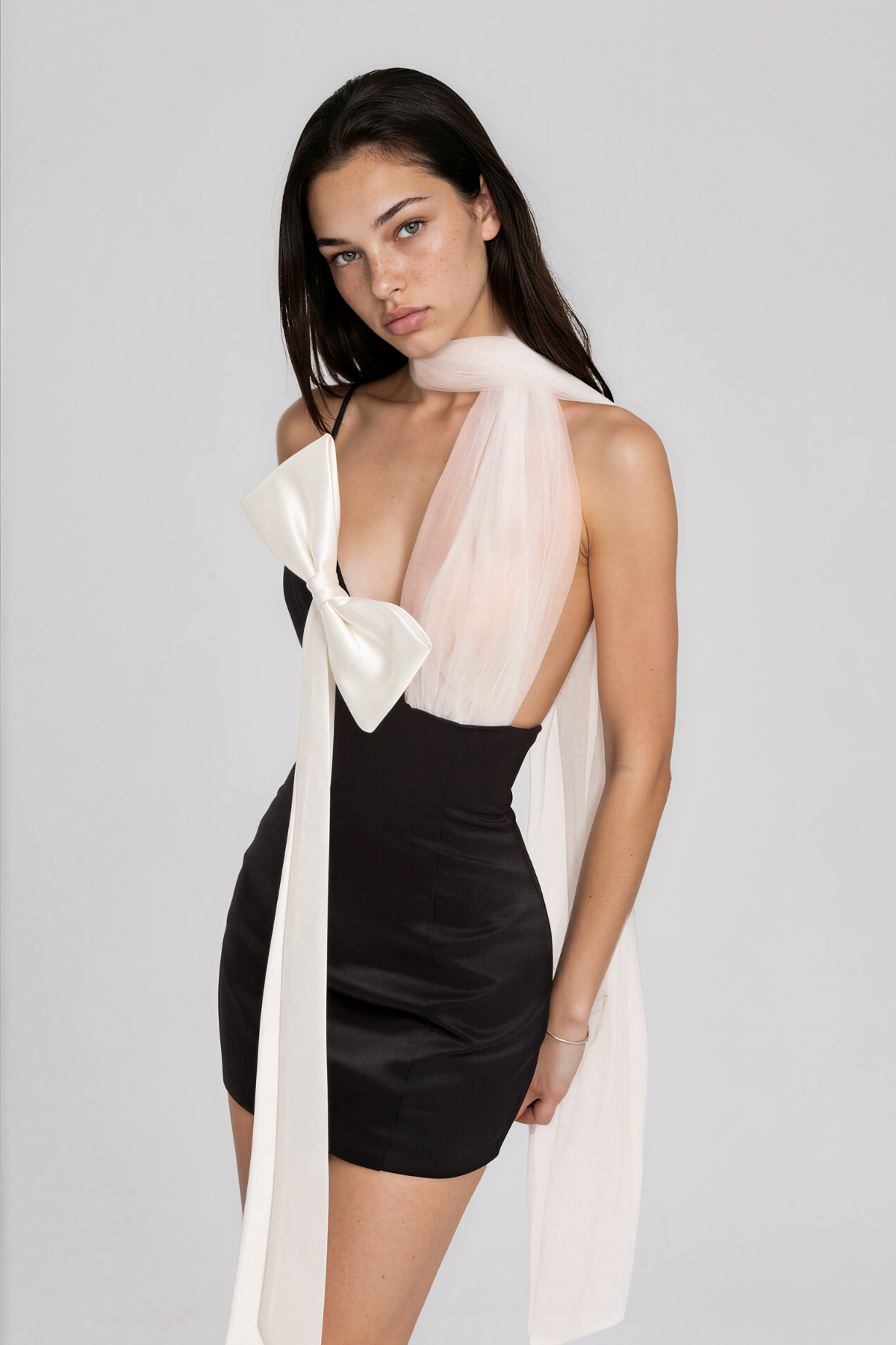 Naoki Mesh Bow MIni Scarf Dress