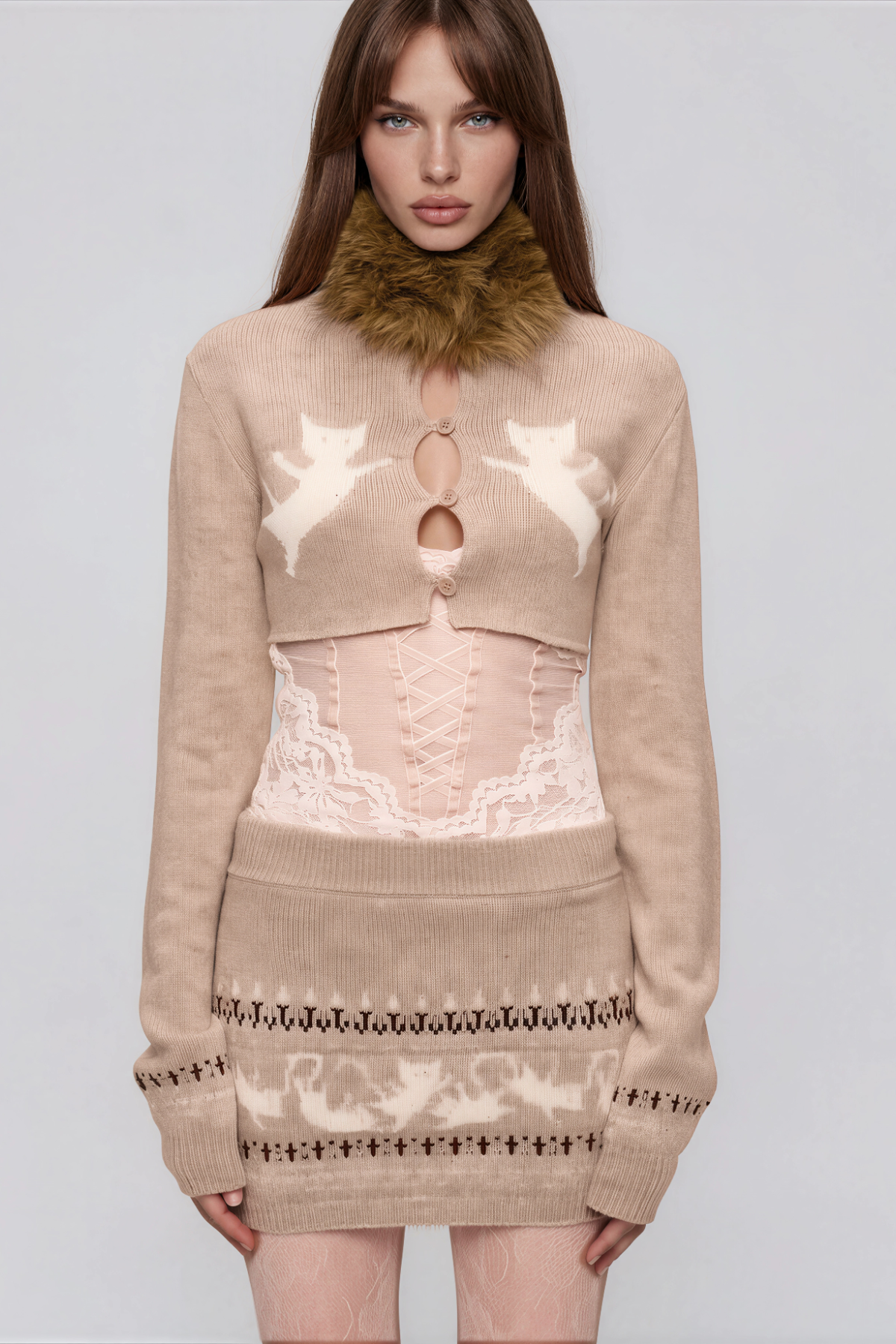 Naphtali Off Soulder Fair Isle Sweater Mini Skirt Set