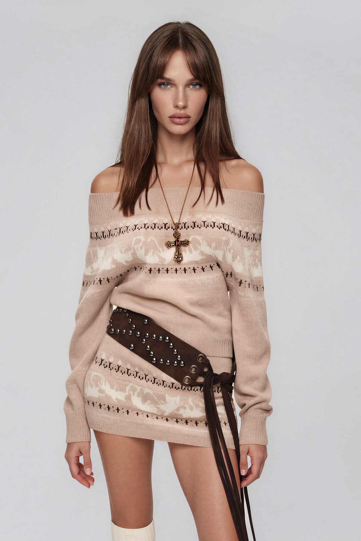 Naphtali Off Soulder Fair Isle Sweater Mini Skirt Set