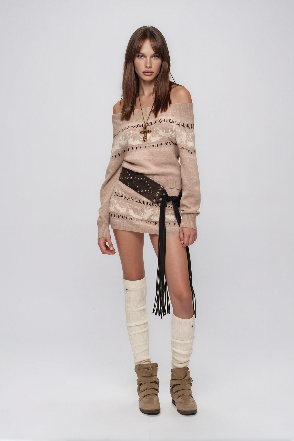 Naphtali Off Soulder Fair Isle Sweater Mini Skirt Set