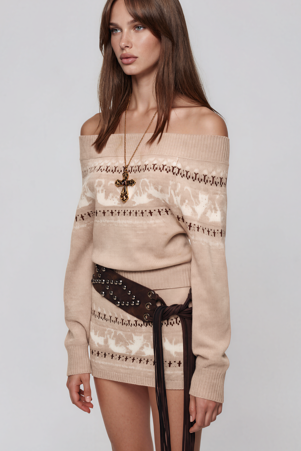 Naphtali Off Soulder Fair Isle Sweater Mini Skirt Set