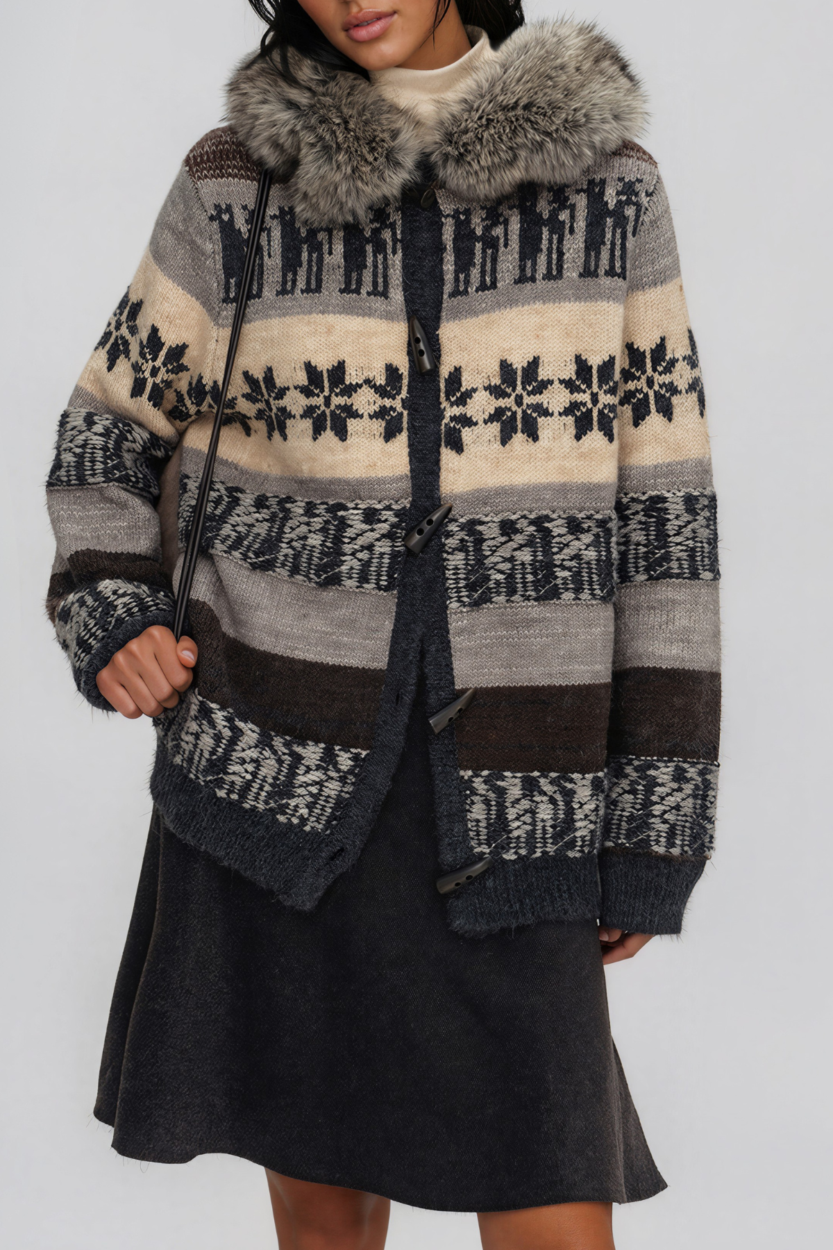 Napua Hooded Faux Fur Fair Isle Sweater