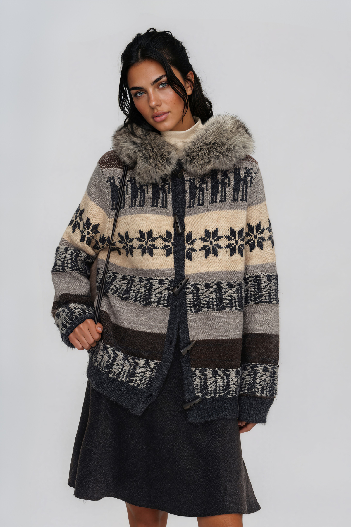 Napua Hooded Faux Fur Fair Isle Sweater