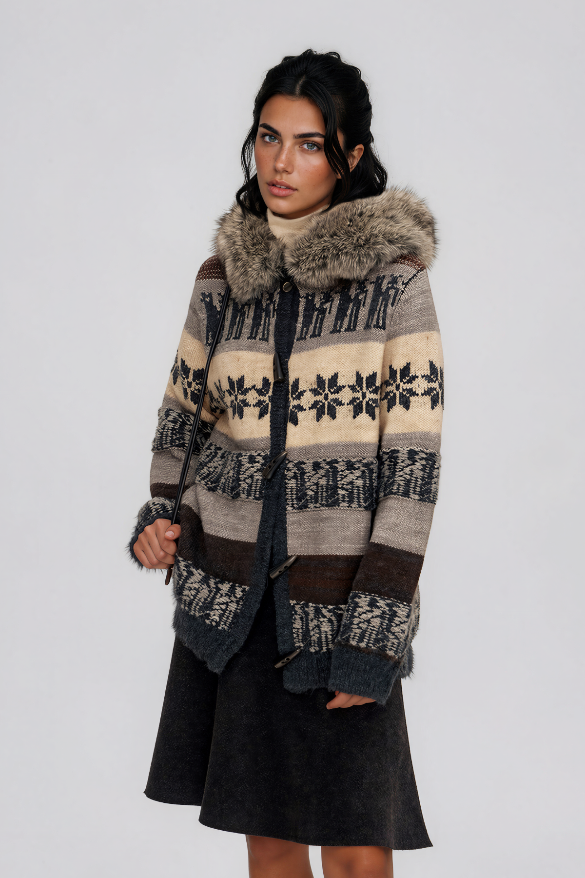 Napua Hooded Faux Fur Fair Isle Sweater