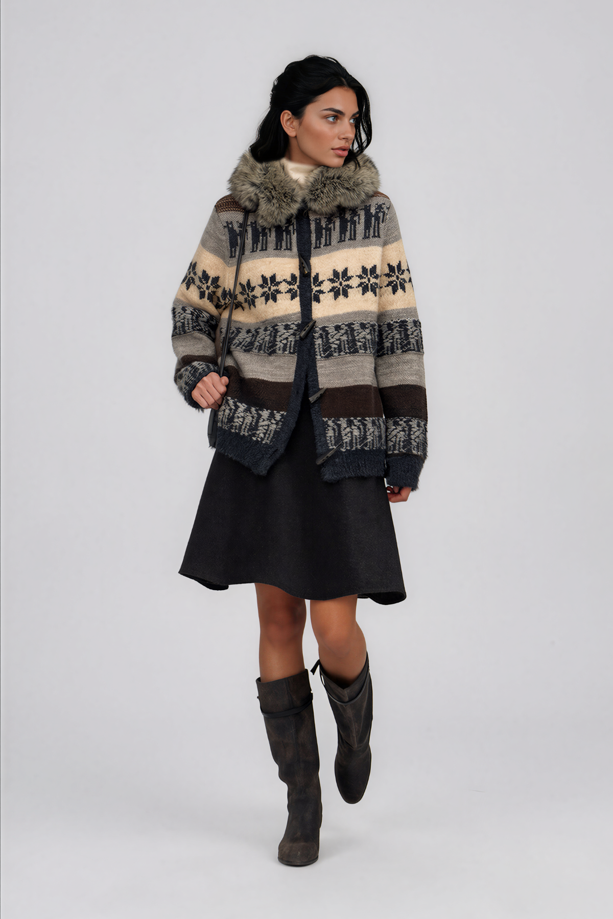 Napua Hooded Faux Fur Fair Isle Sweater