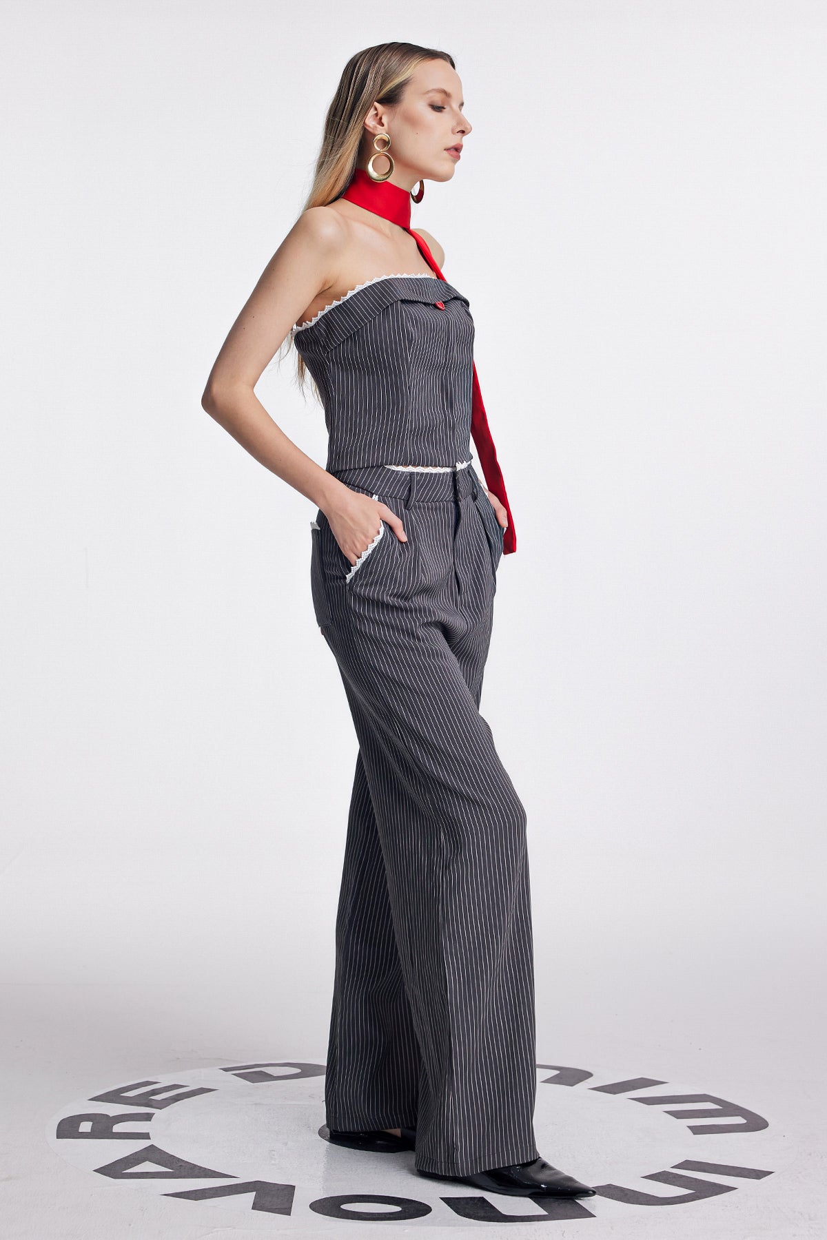 Oorja Strapless Lace Stripe Pants Set