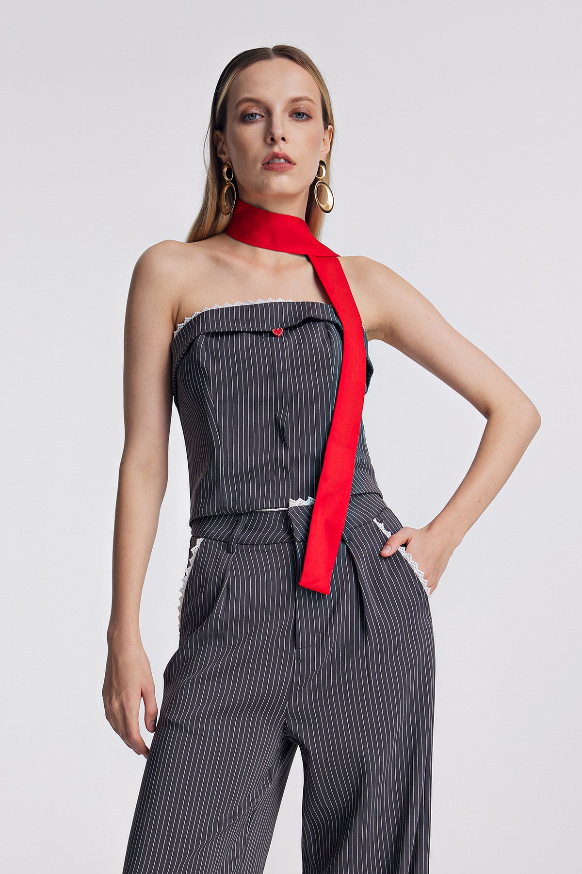 Oorja Strapless Lace Stripe Pants Set