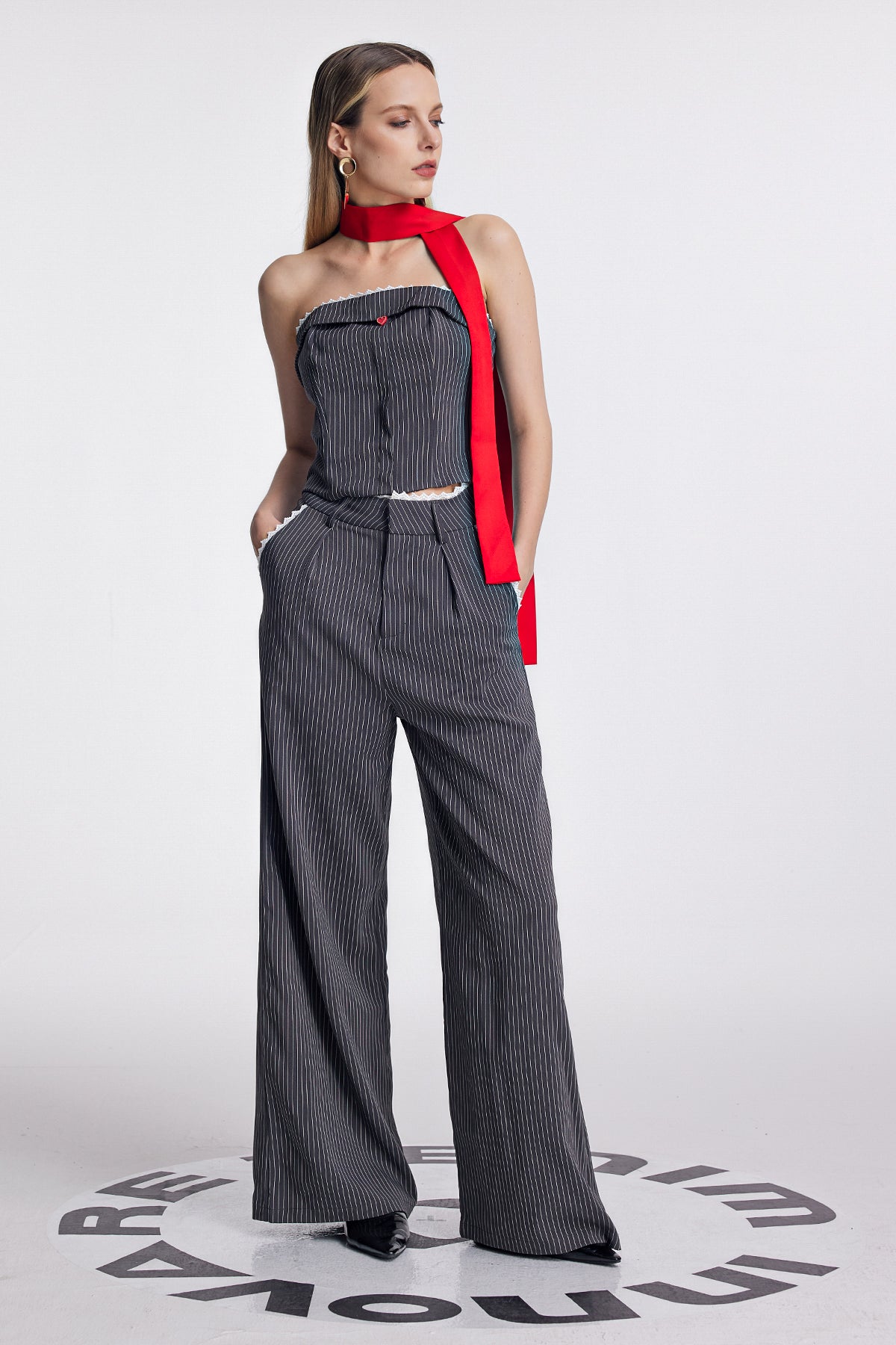 Oorja Strapless Lace Stripe Pants Set