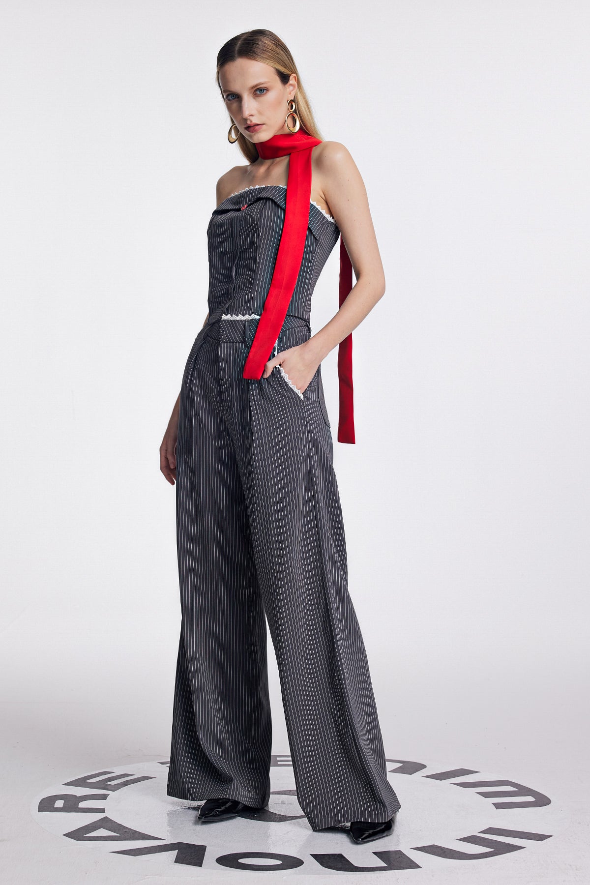 Oorja Strapless Lace Stripe Pants Set