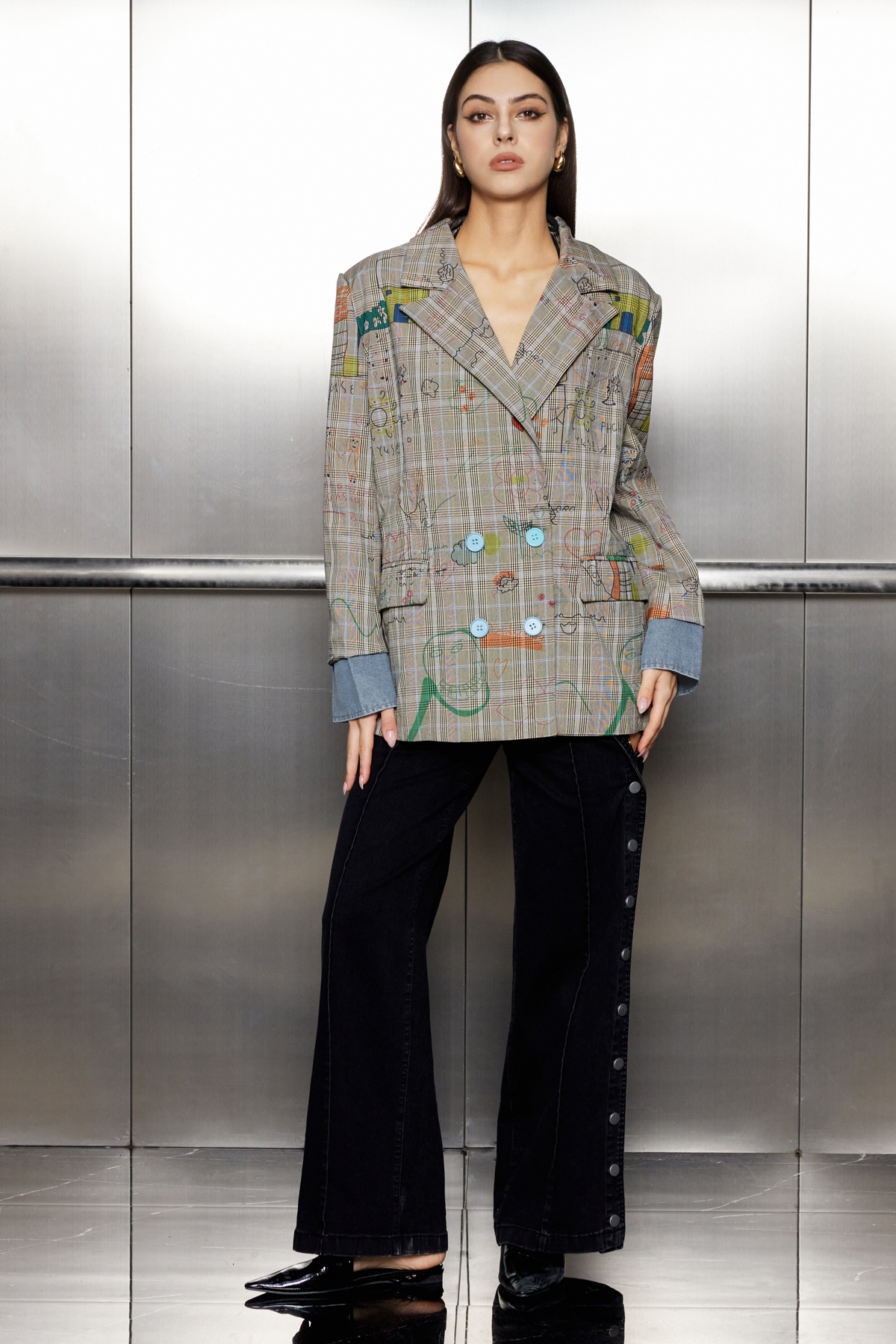 Paris Graffiti Grid Plunge Blazer