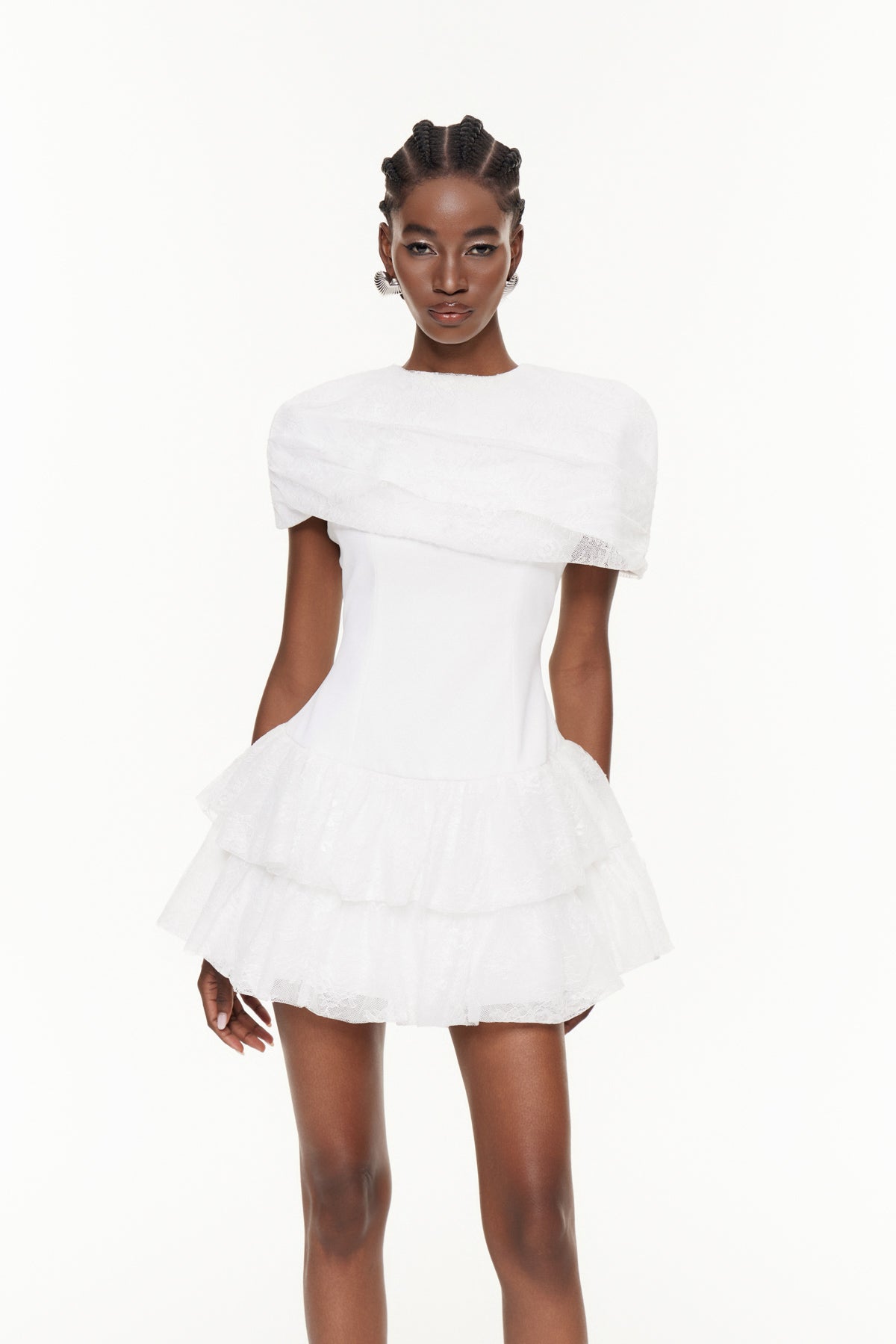 Pexelle Shawl Ruffle Lace Mini Dress