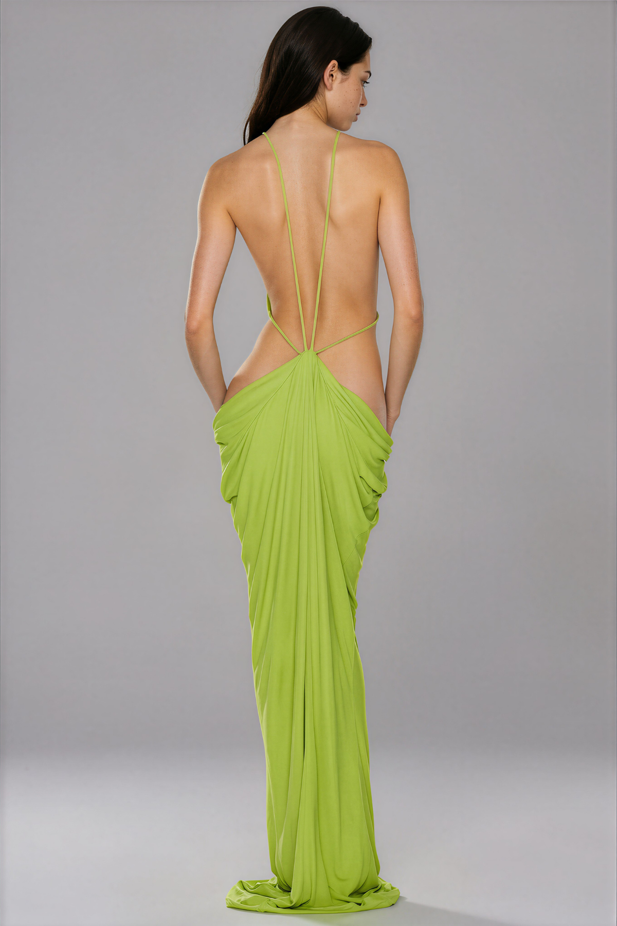 Reinee Backless Cutout Draped Maxi Dress In Chartreuse
