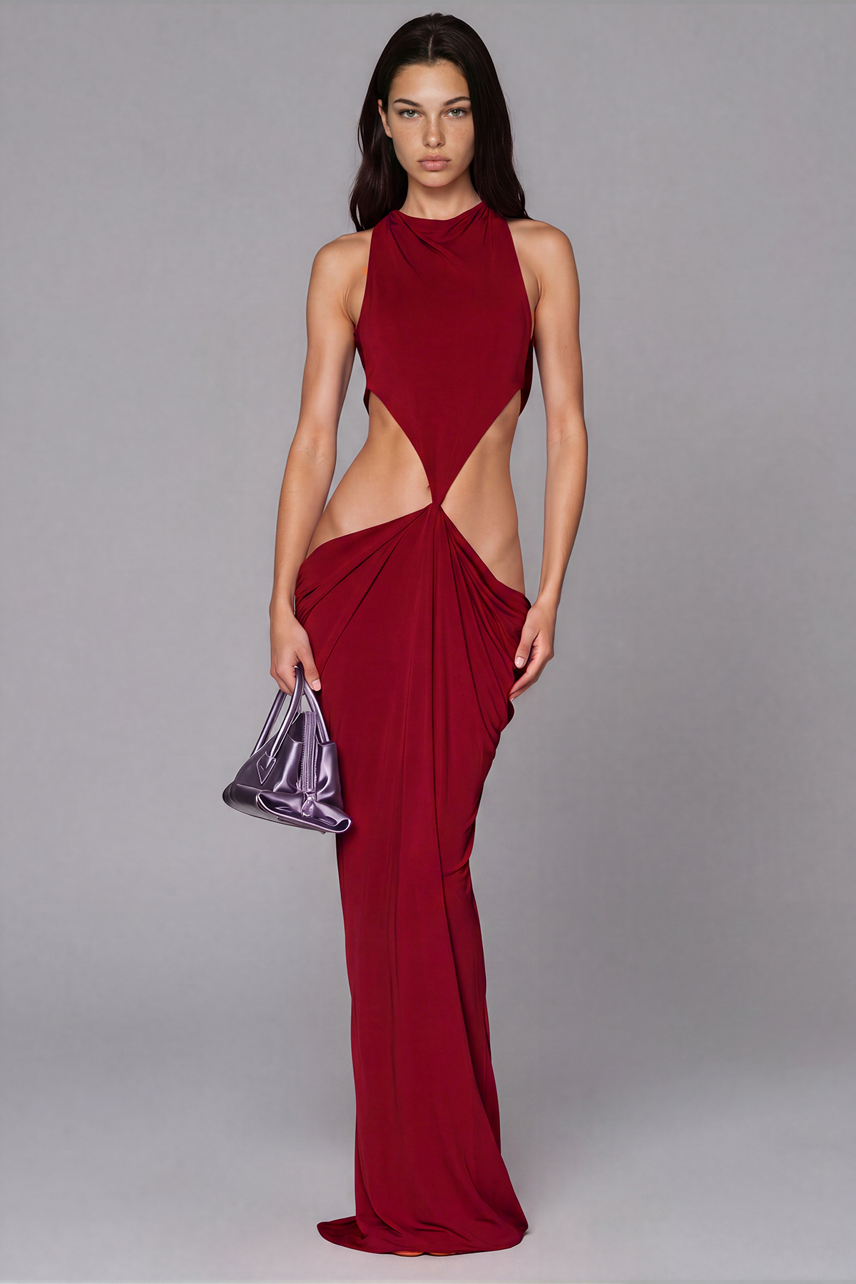 Reinee Backless Cutout Draped Maxi Dress In Wine