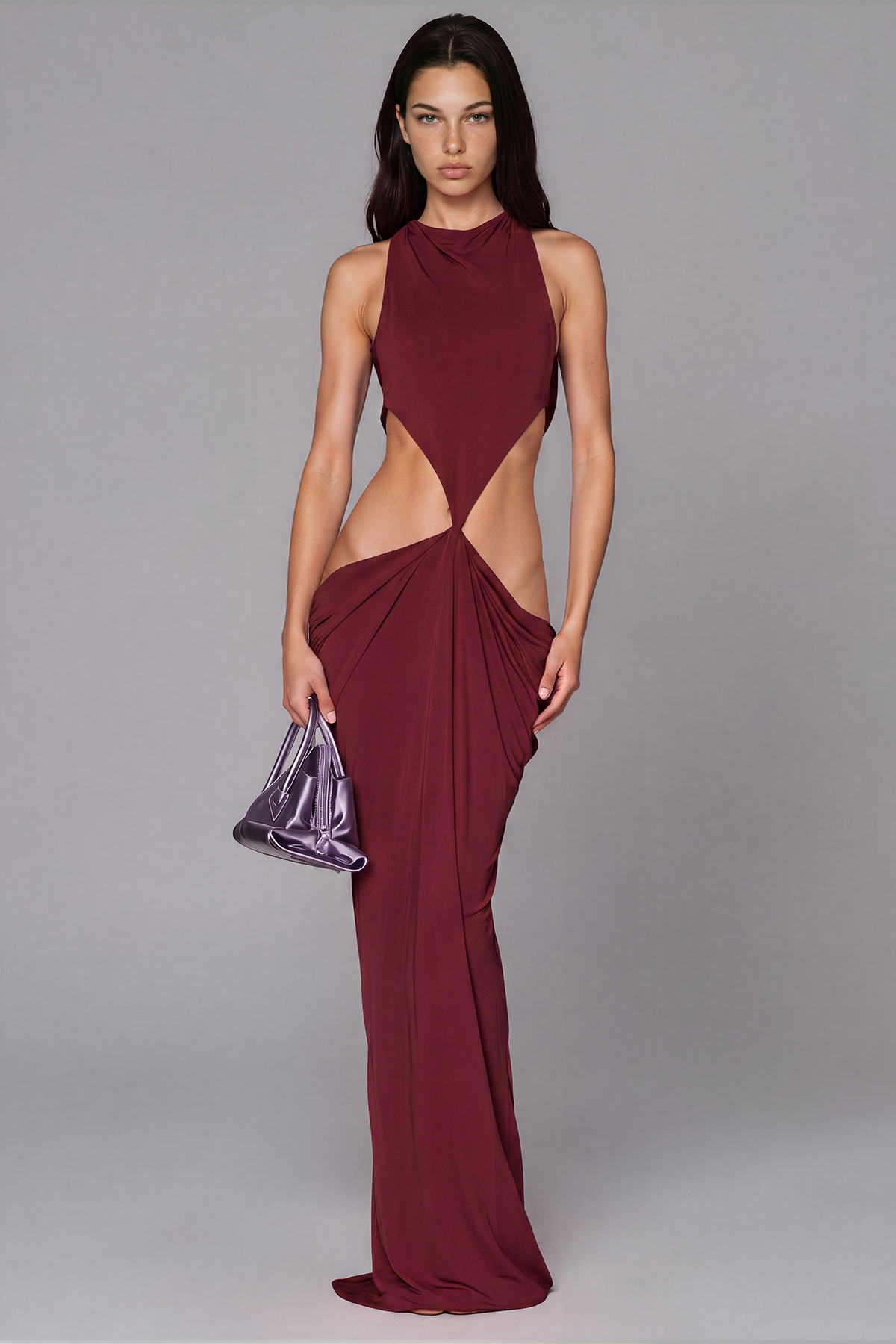 Reinee Backless Cutout Draped Maxi Dress In Wine