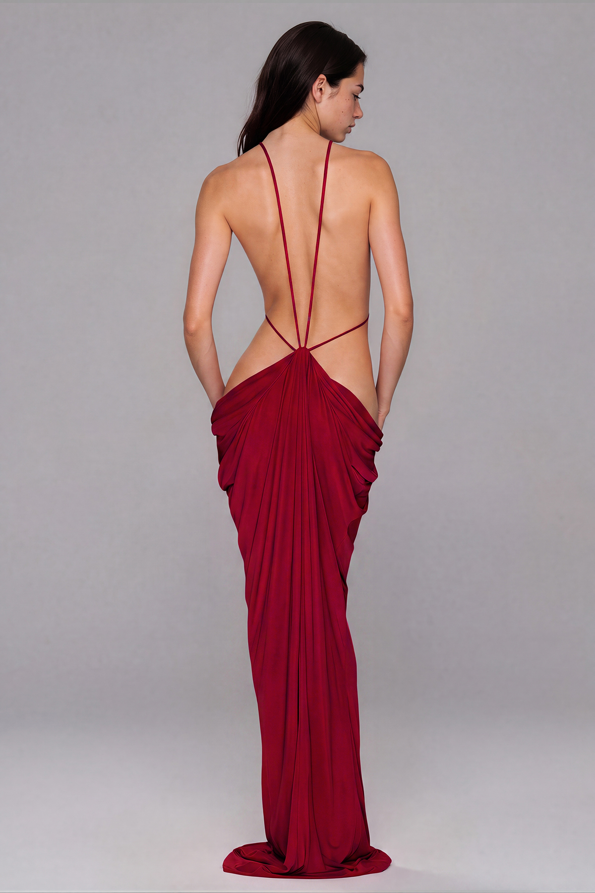 Reinee Backless Cutout Draped Maxi Dress In Wine