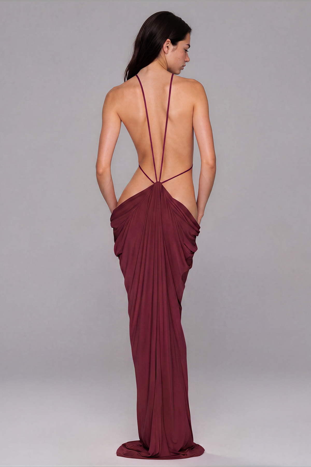 Reinee Backless Cutout Draped Maxi Dress In Wine