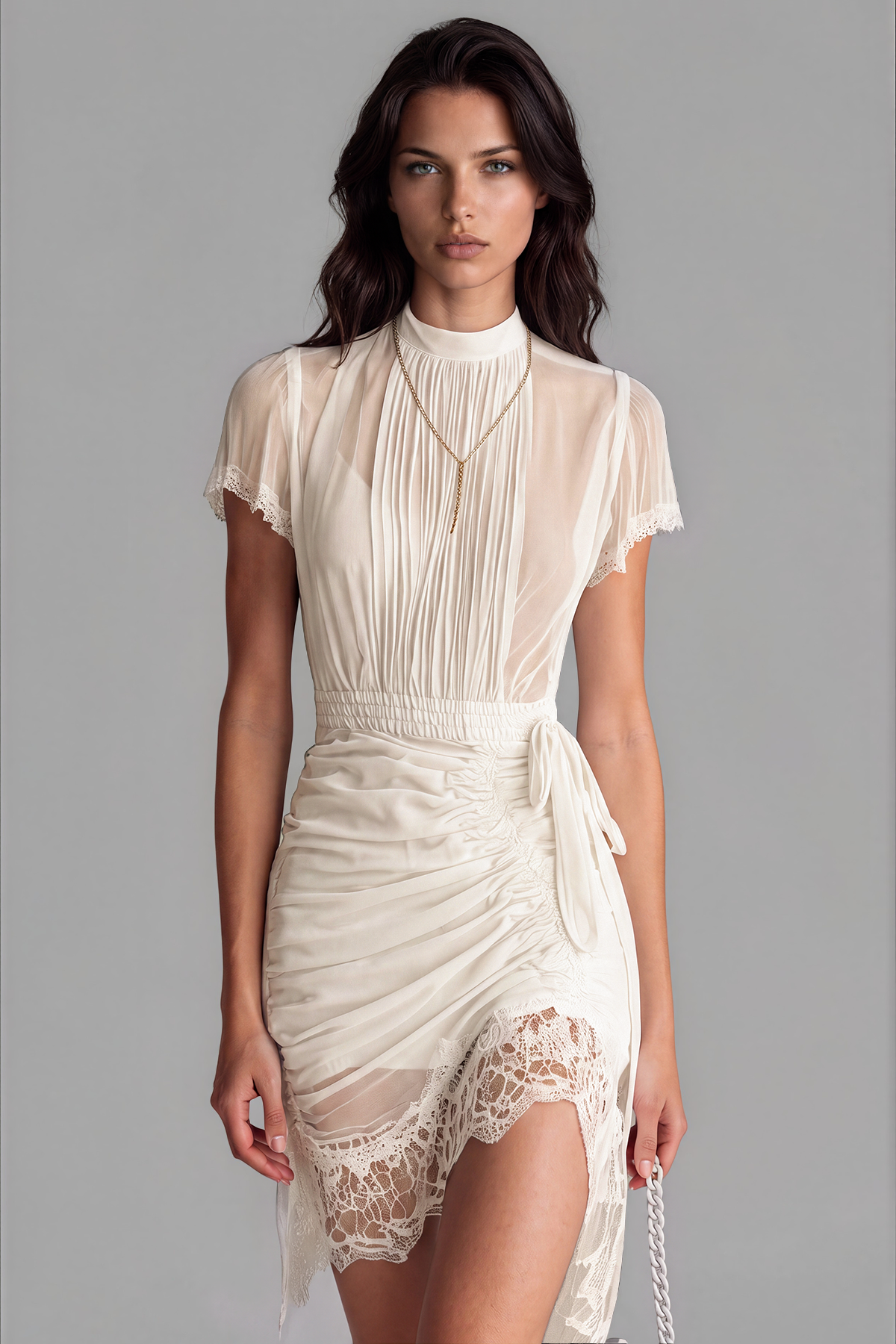 Rora Ruched Lace Mini Dress In White