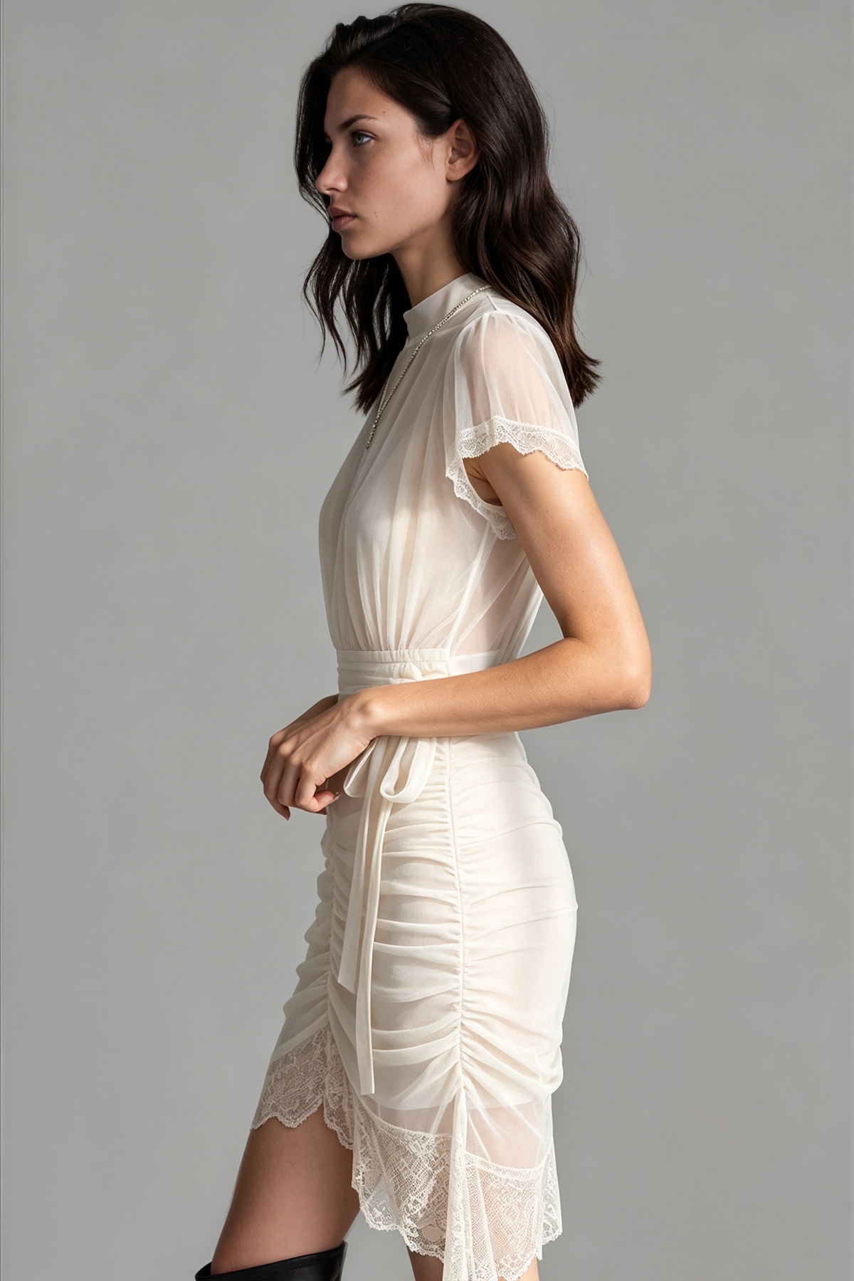 Rora Ruched Lace Mini Dress In White