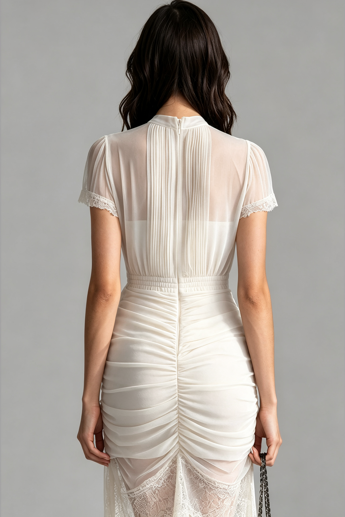 Rora Ruched Lace Mini Dress In White