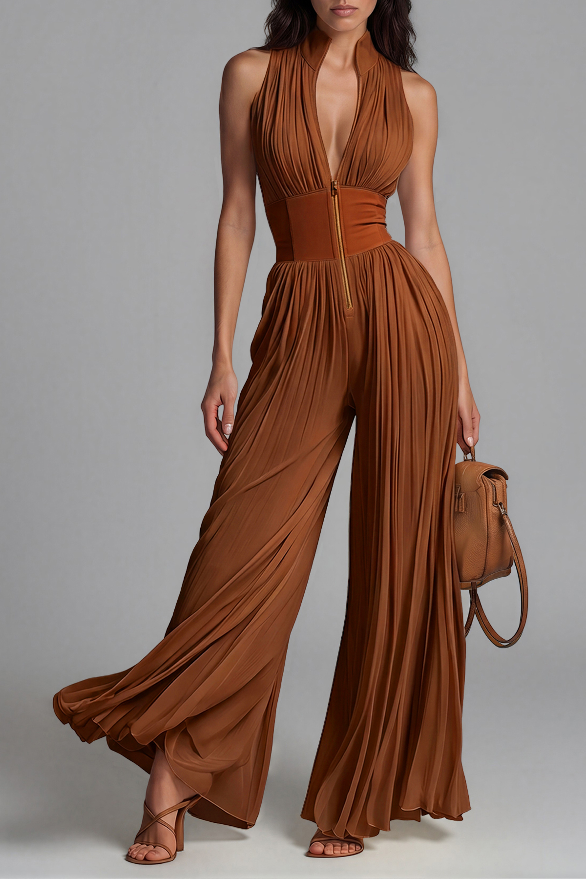 Sera Zipper Ruch Jumpsuit In Brown