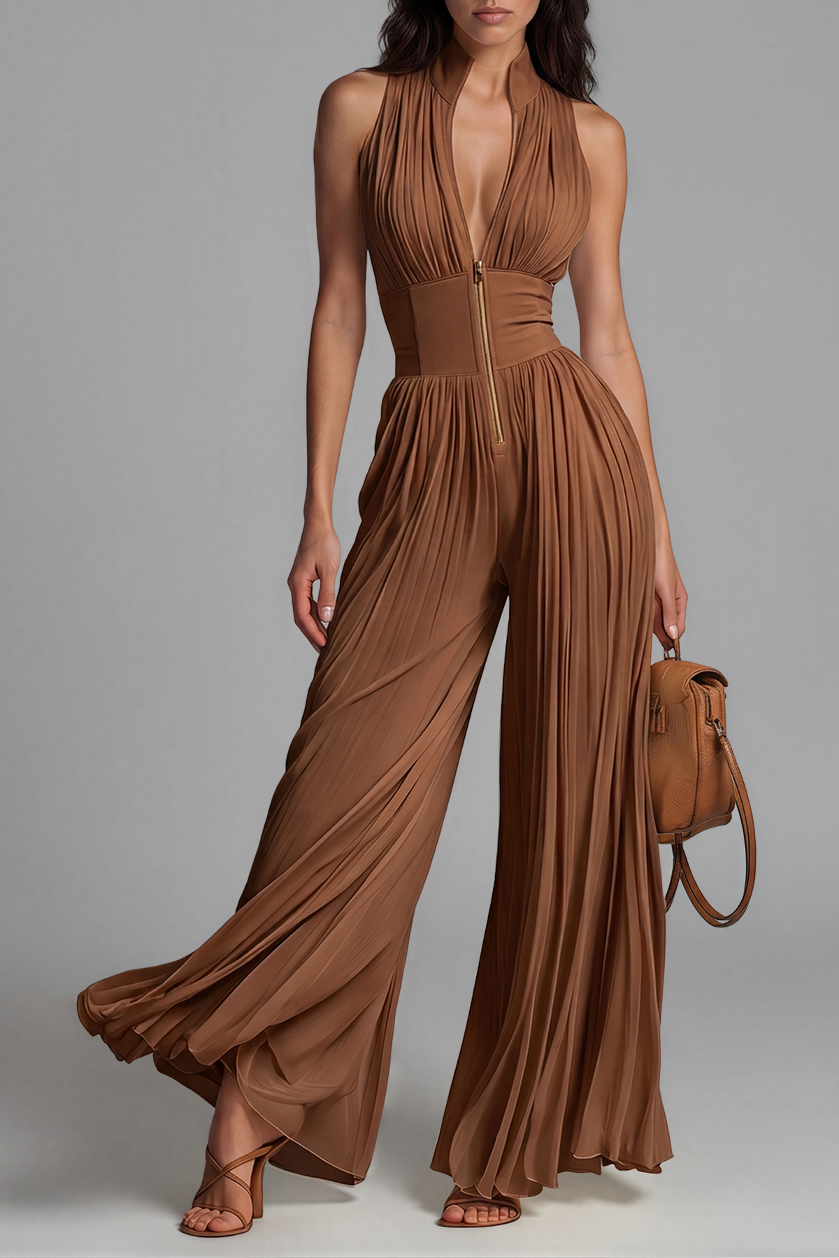 Sera Zipper Ruch Jumpsuit In Brown