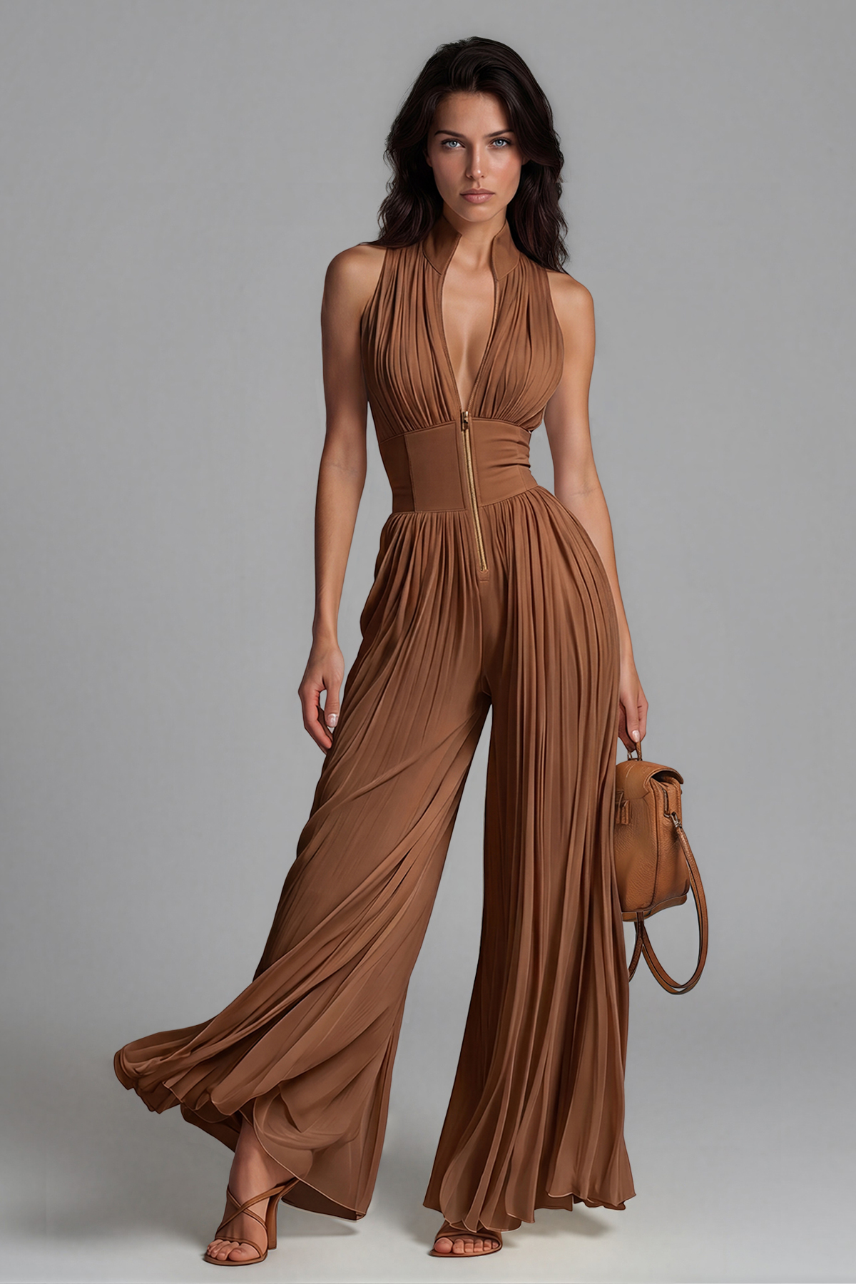 Sera Zipper Ruch Jumpsuit In Brown
