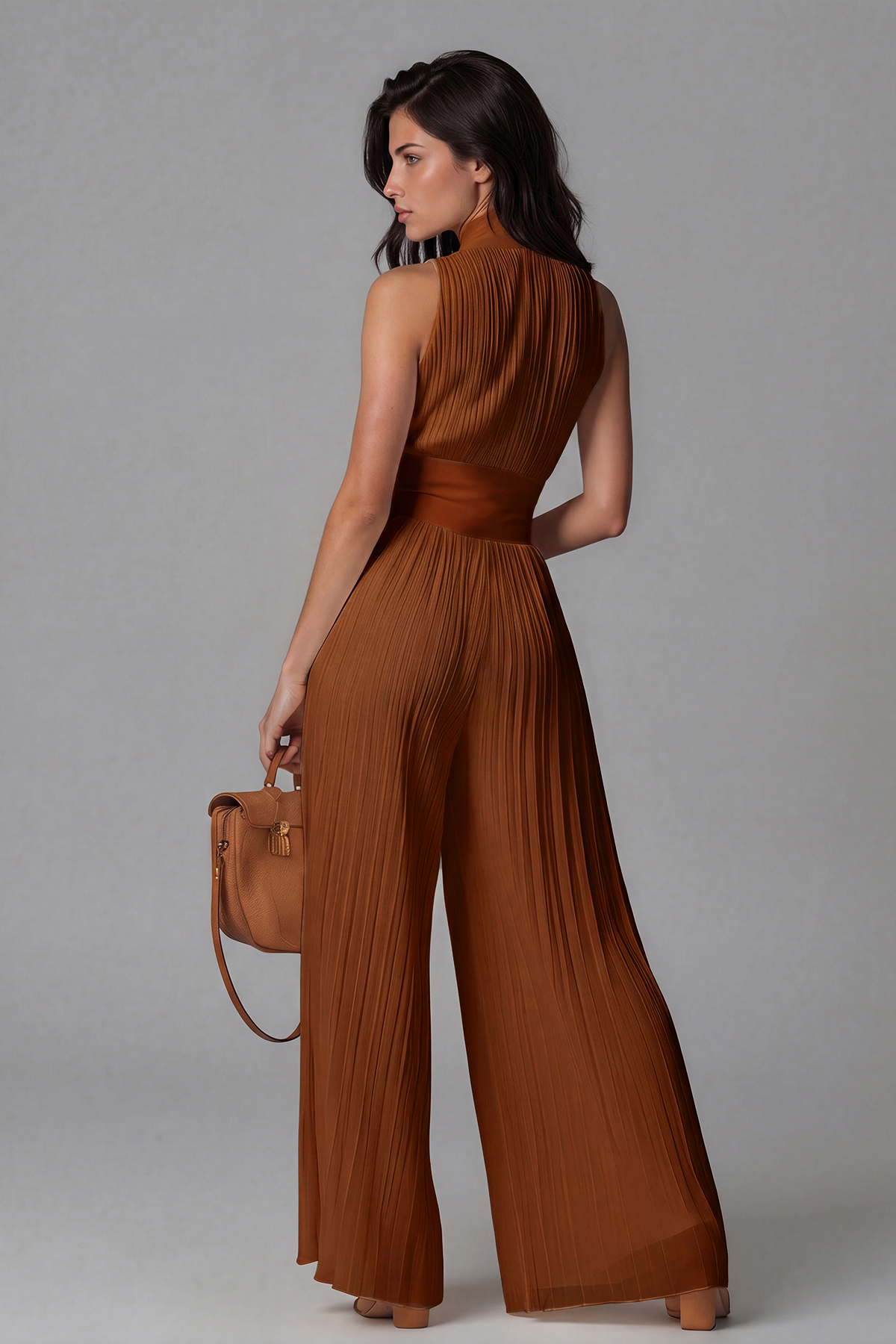 Sera Zipper Ruch Jumpsuit In Brown