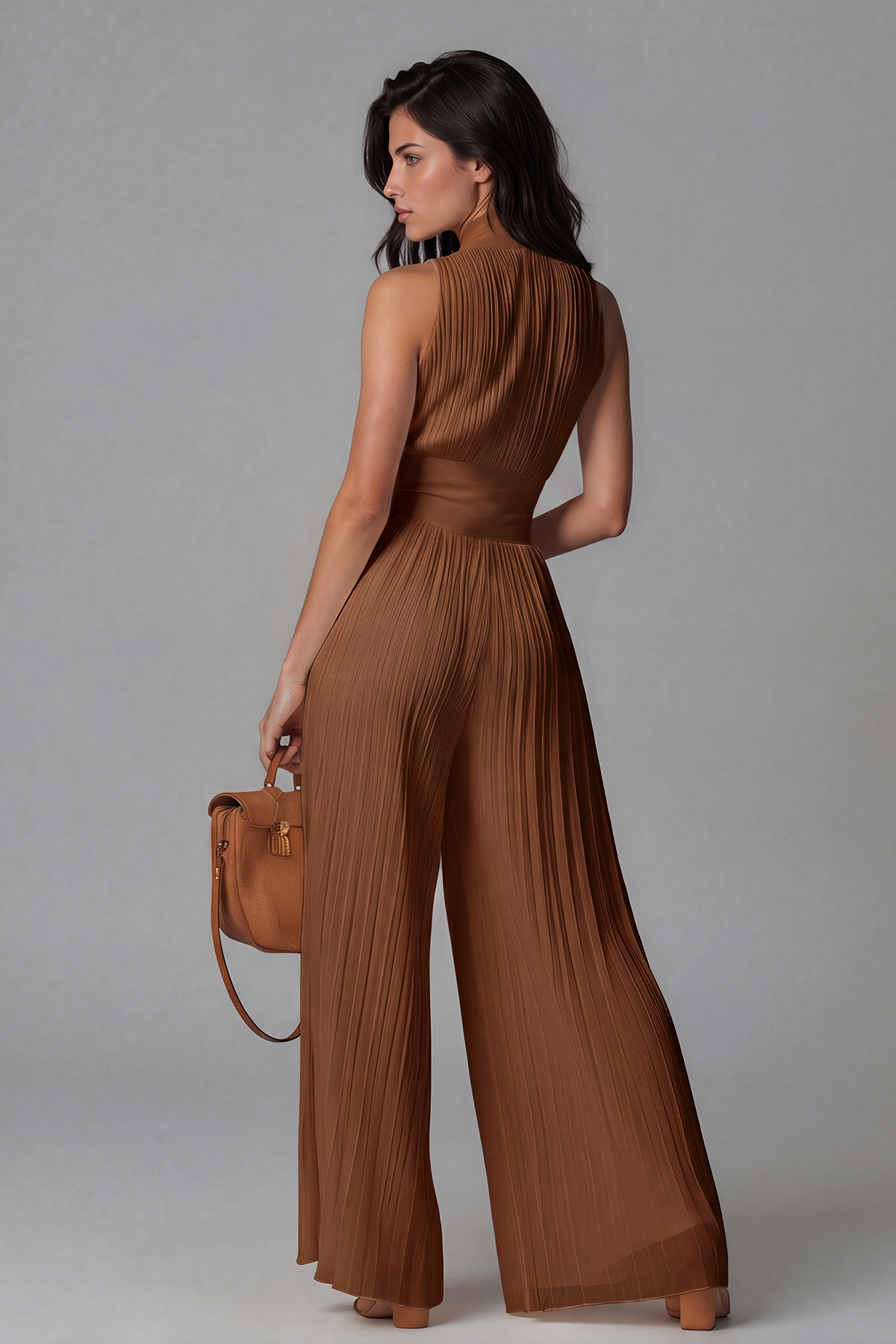Sera Zipper Ruch Jumpsuit In Brown