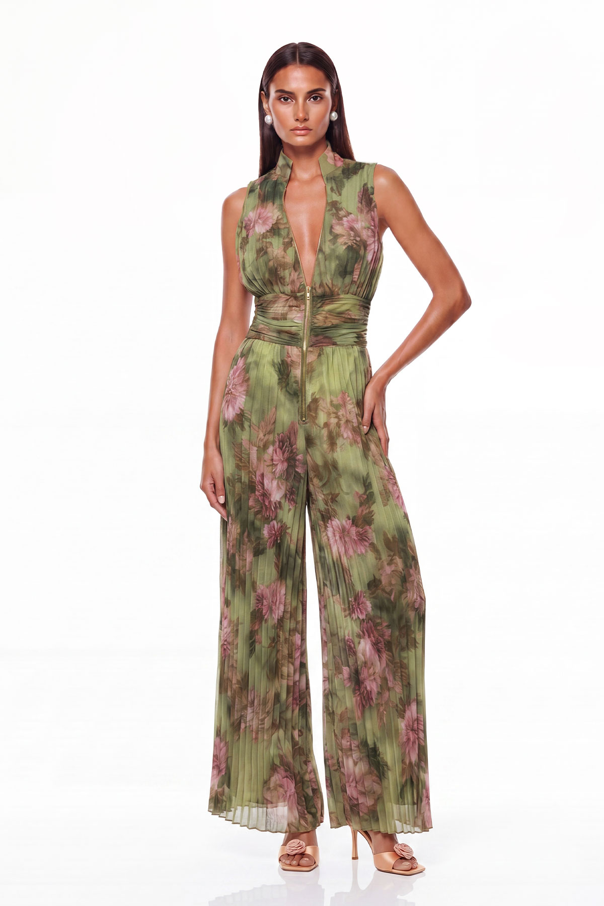Sera Zipper Ruch Jumpsuit In Green