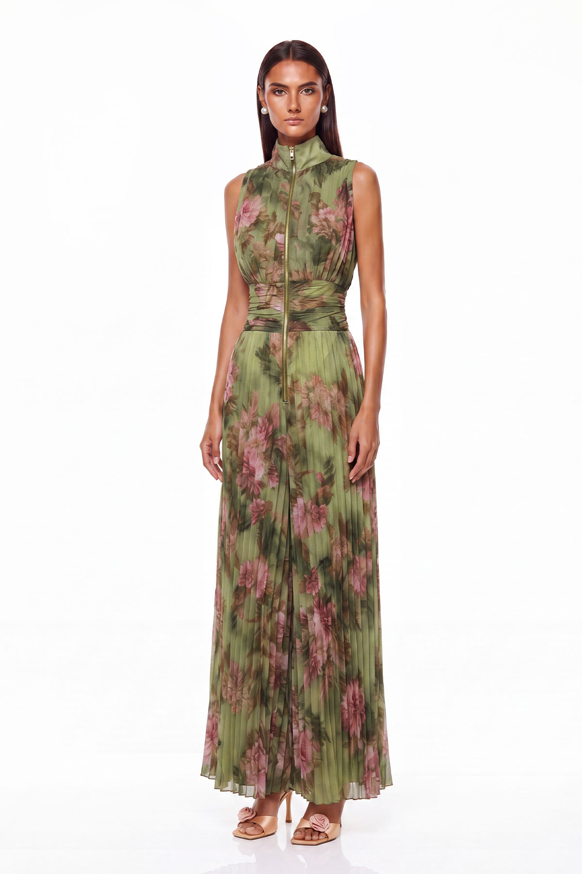 Sera Zipper Ruch Jumpsuit In Green