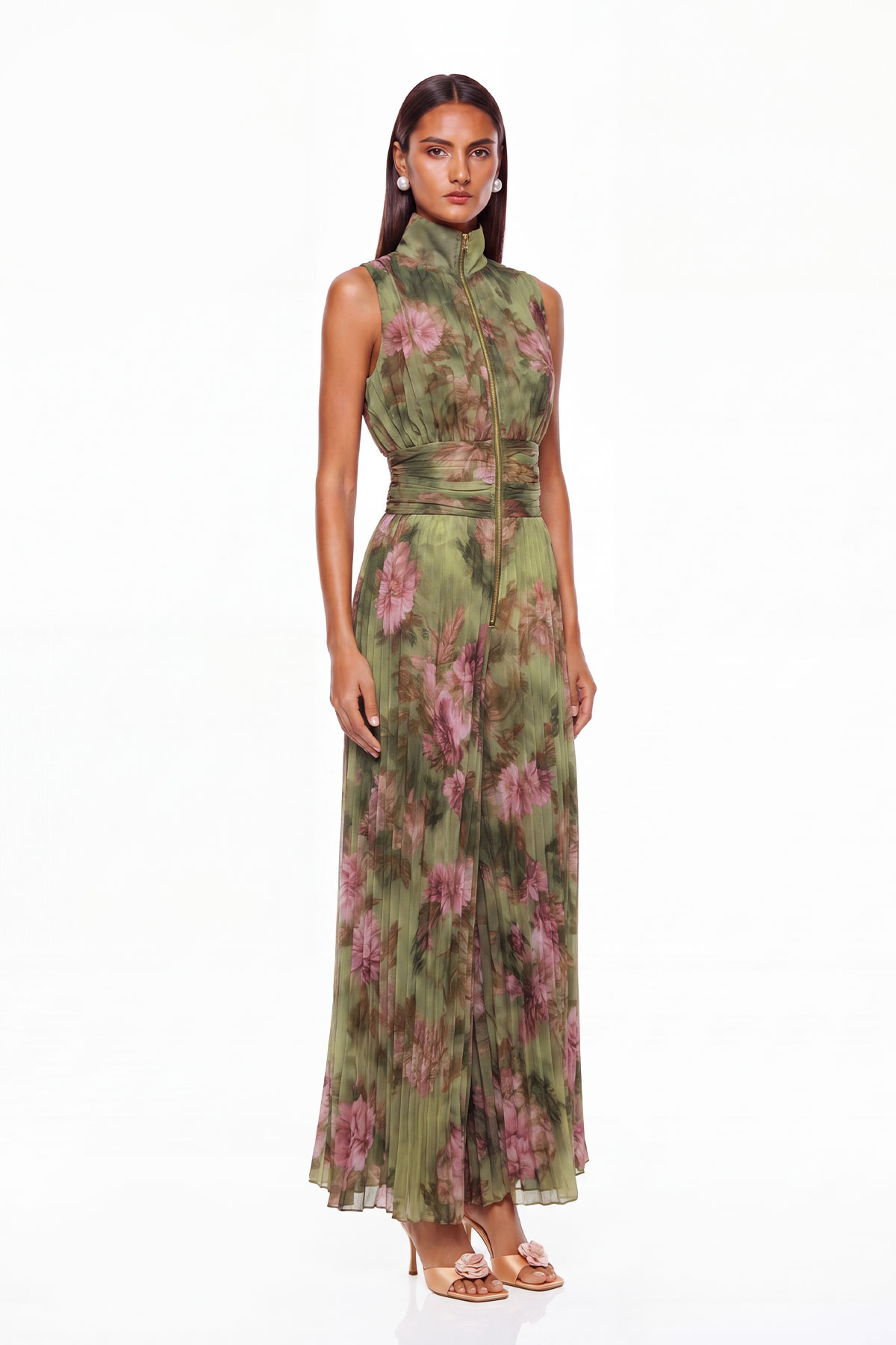 Sera Zipper Ruch Jumpsuit In Green