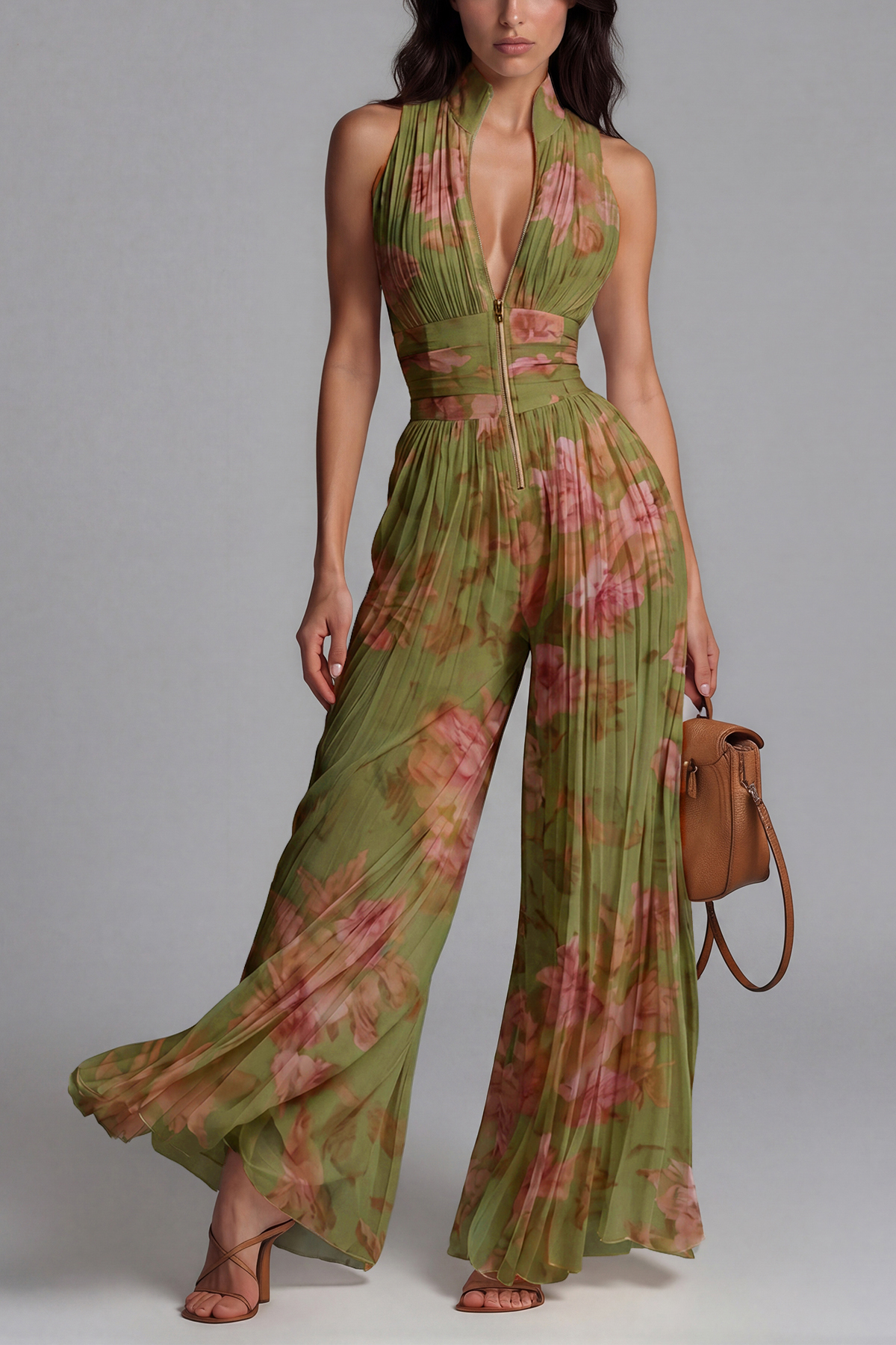 Sera Zipper Ruch Jumpsuit In Green