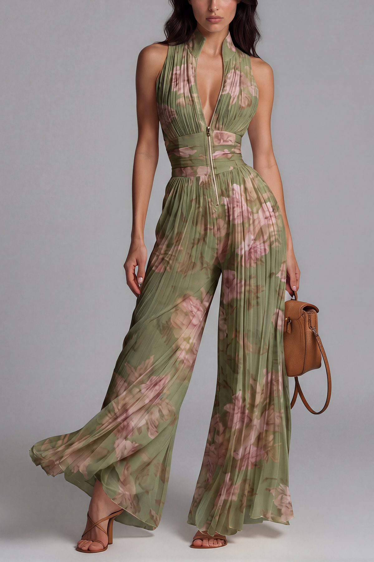 Sera Zipper Ruch Jumpsuit In Green