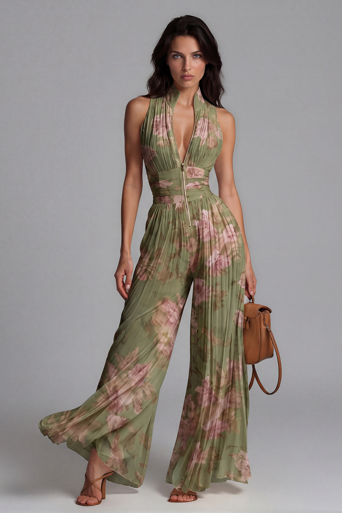 Sera Zipper Ruch Jumpsuit In Green
