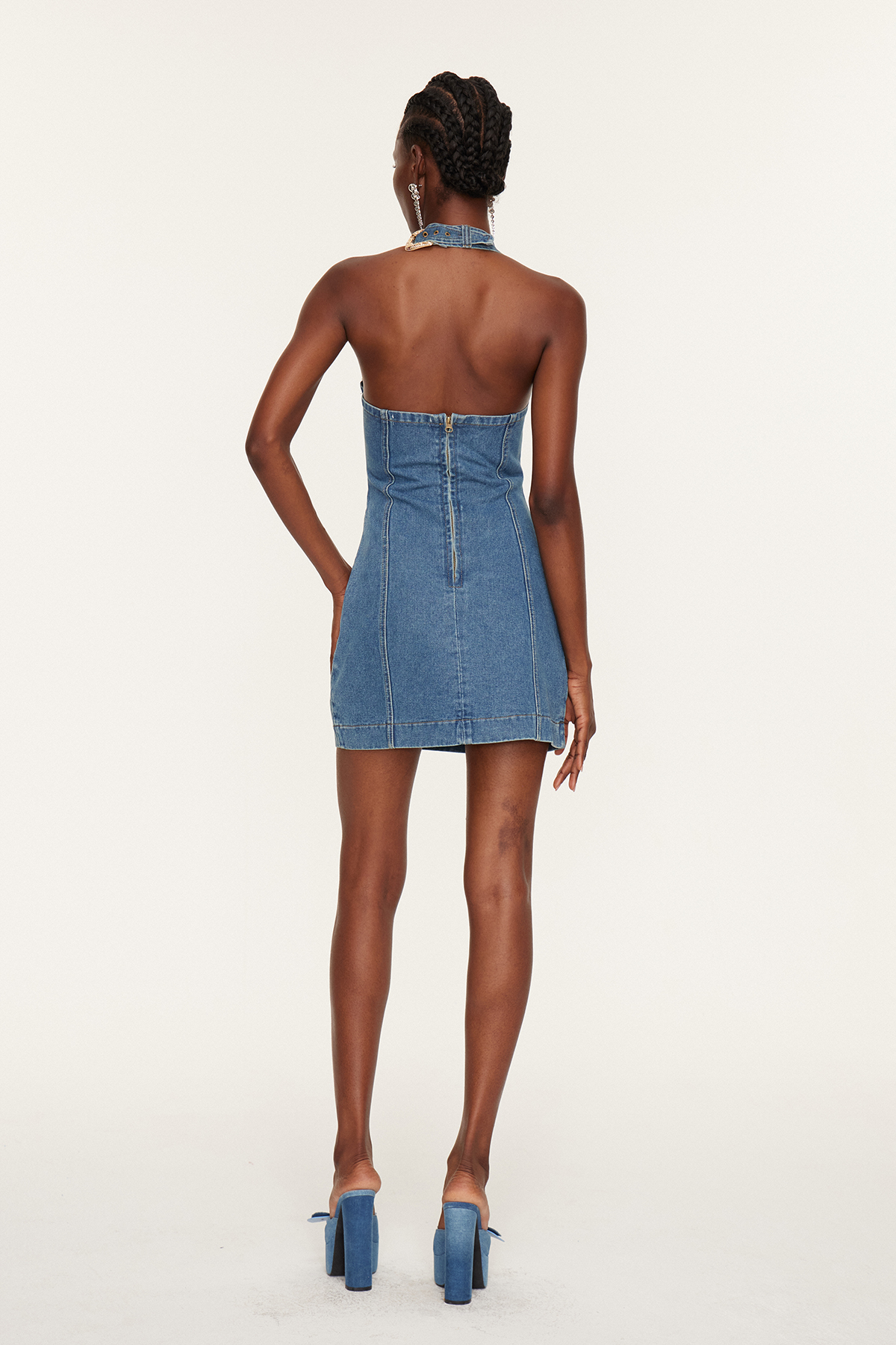 Wace Halter Neck Cutout Buckle Denim Mini Dress