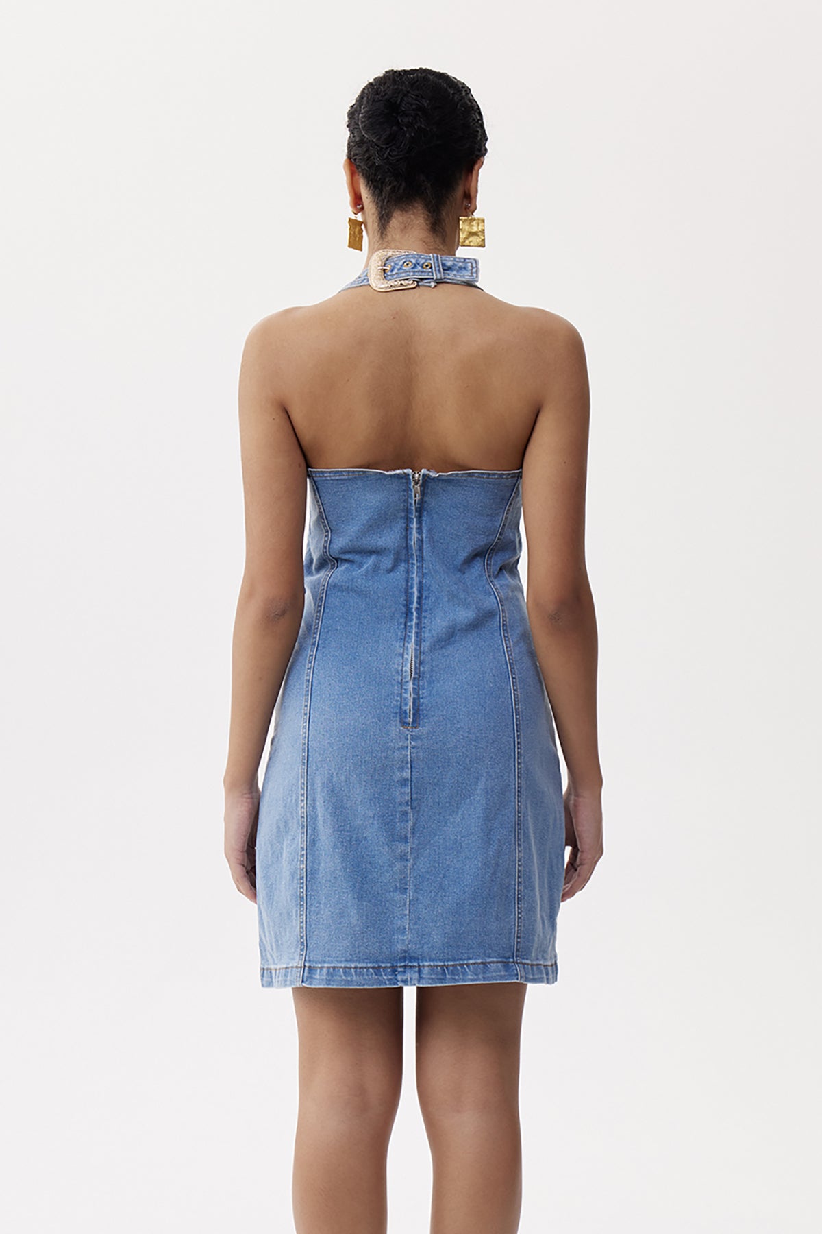 Wace Halter Neck Cutout Buckle Denim Mini Dress