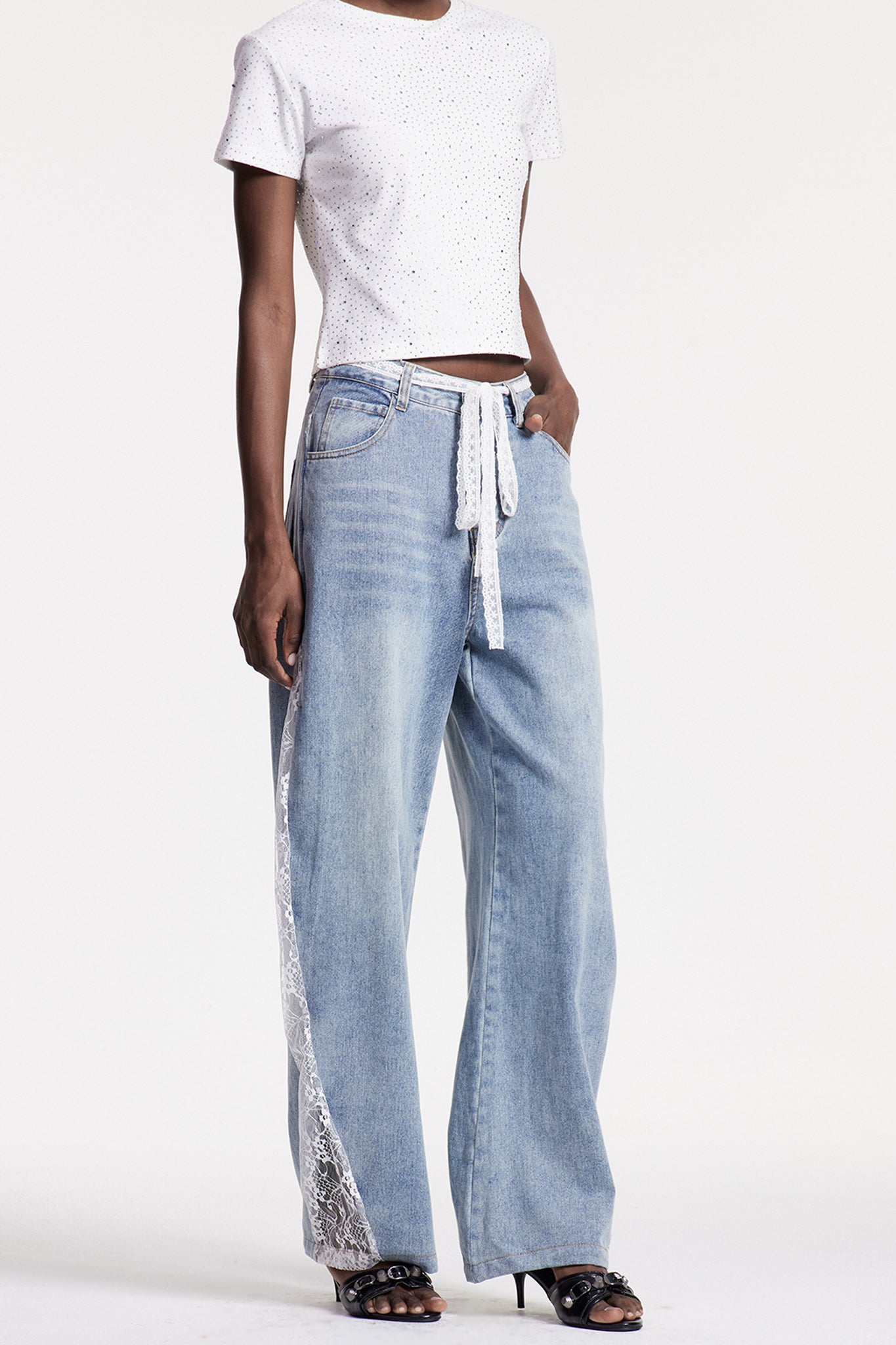 Walaric Lace Deconstruct Wide Leg Jeans