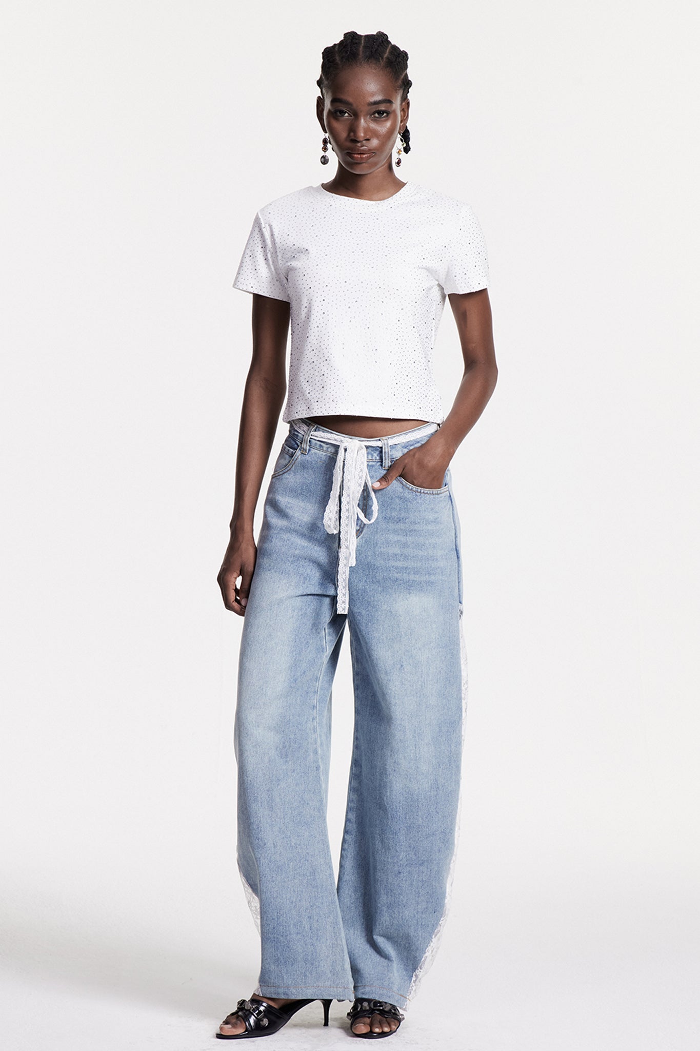 Walaric Lace Deconstruct Wide Leg Jeans