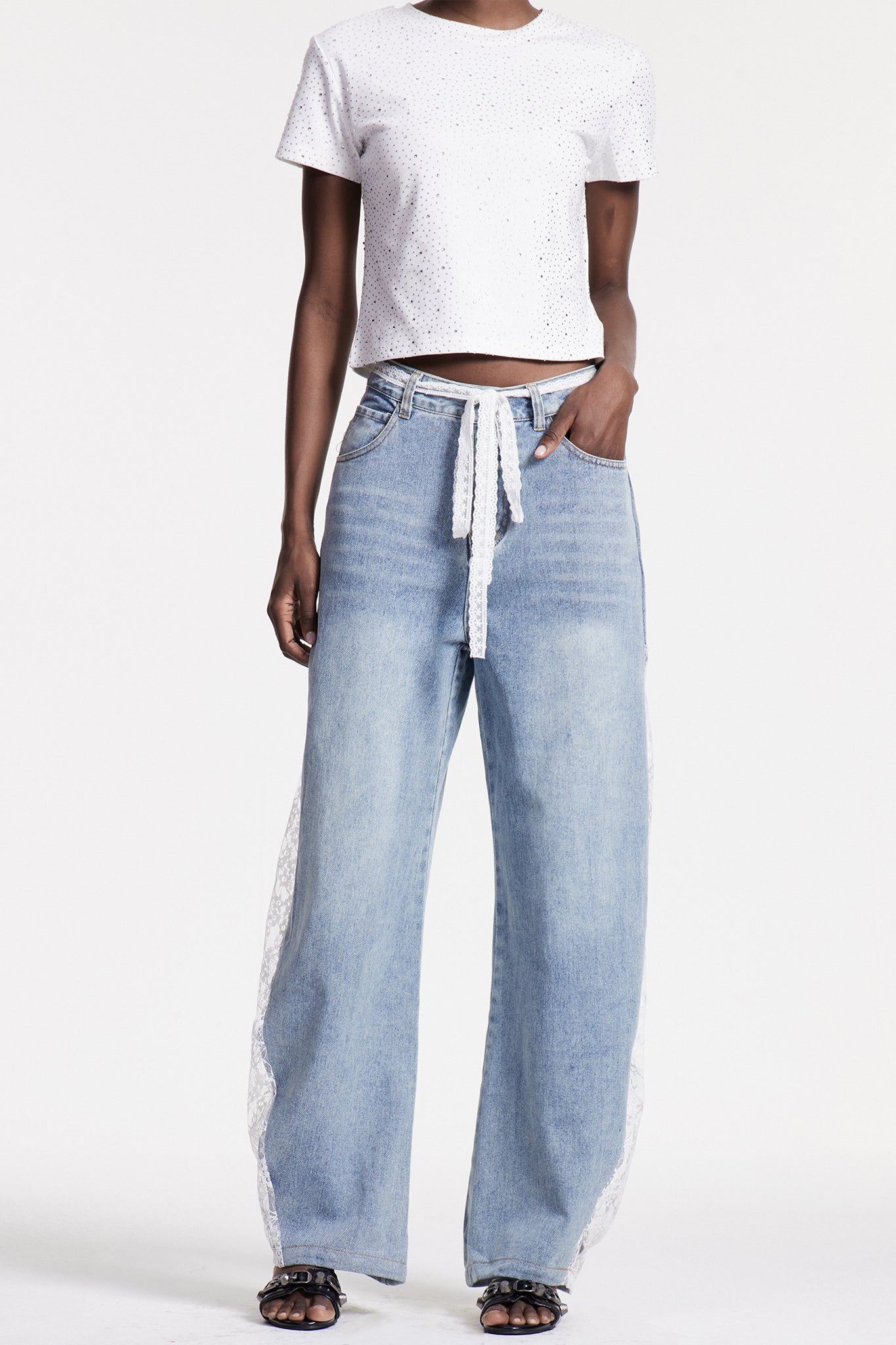 Walaric Lace Deconstruct Wide Leg Jeans