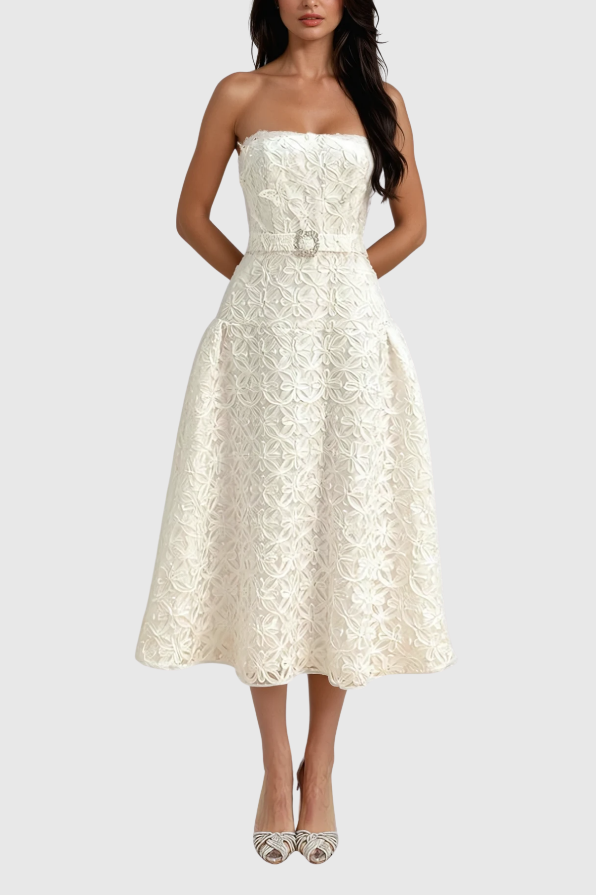 Wera Lace Flower Strapless Midi Dress