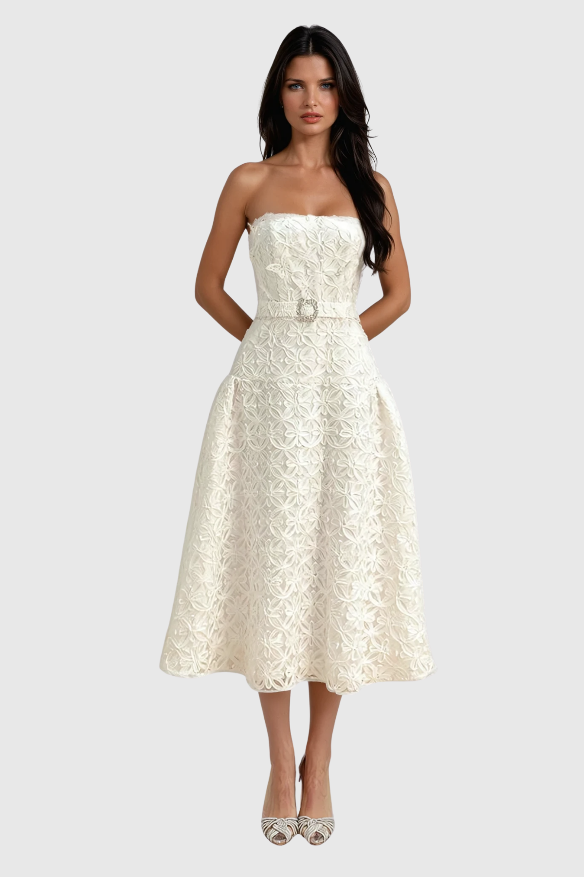 Wera Lace Flower Strapless Midi Dress