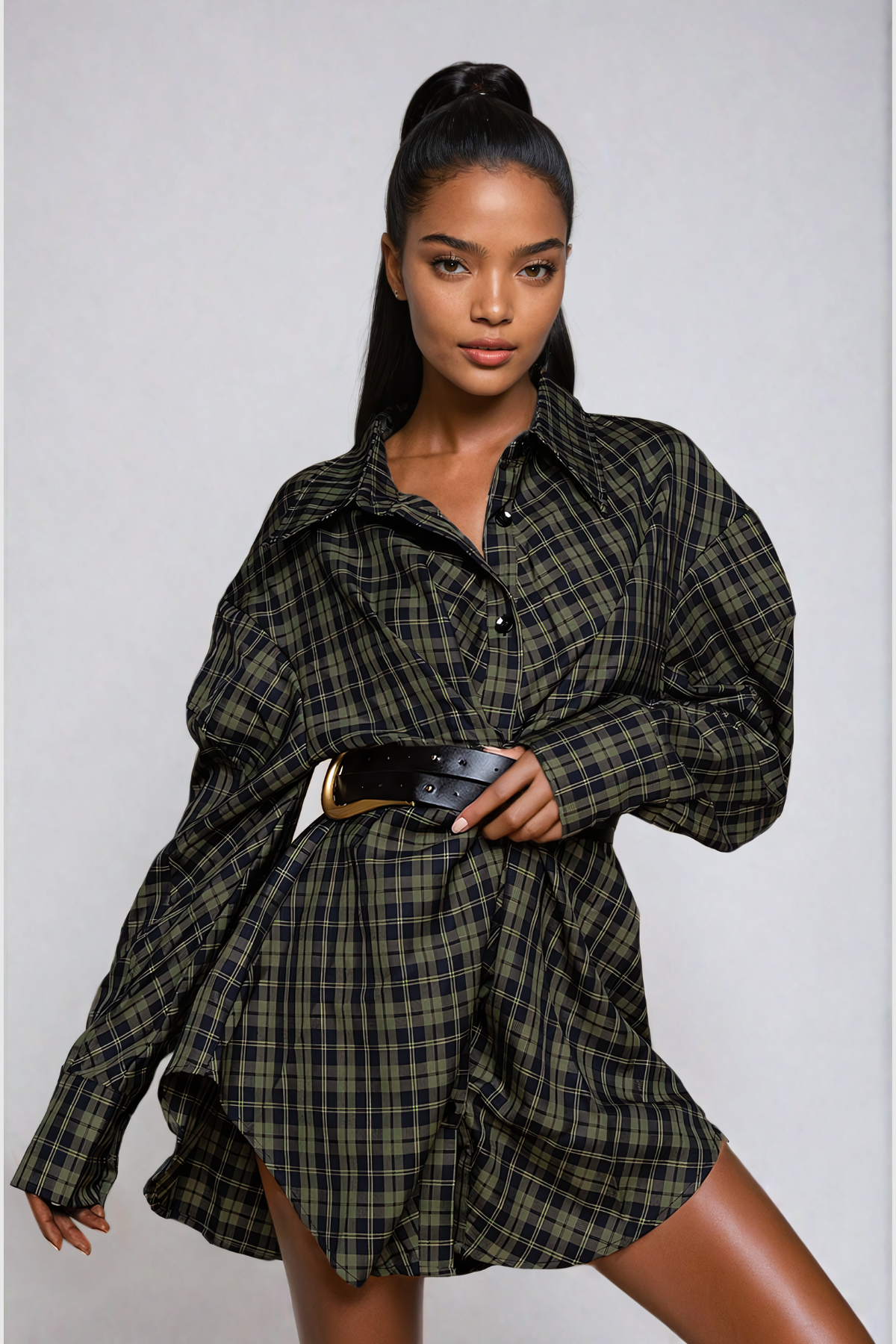 Yamini Grid Buckle Shirt Mini Dress