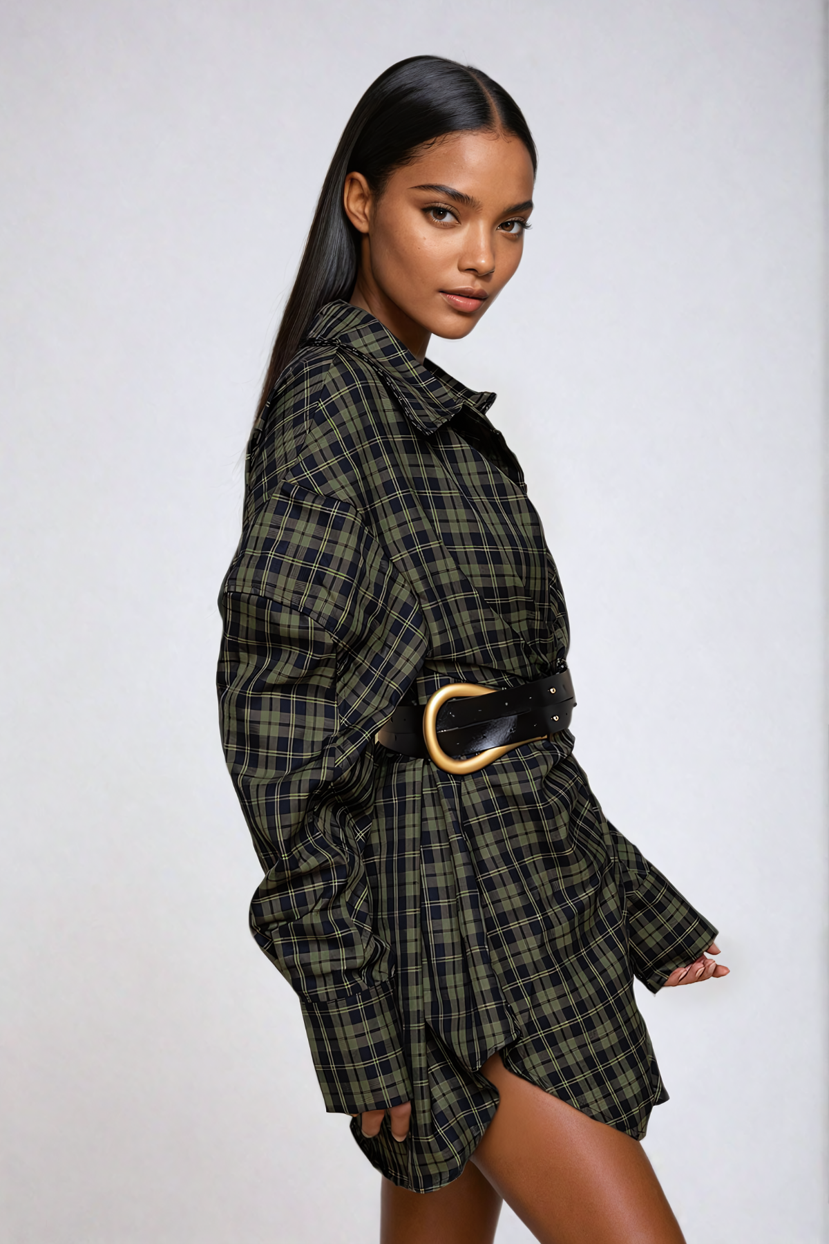 Yamini Grid Buckle Shirt Mini Dress