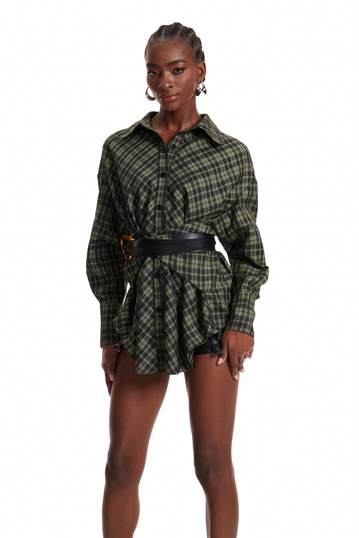 Yamini Grid Buckle Shirt Mini Dress