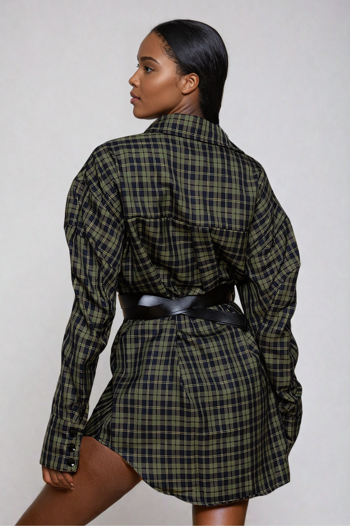 Yamini Grid Buckle Shirt Mini Dress